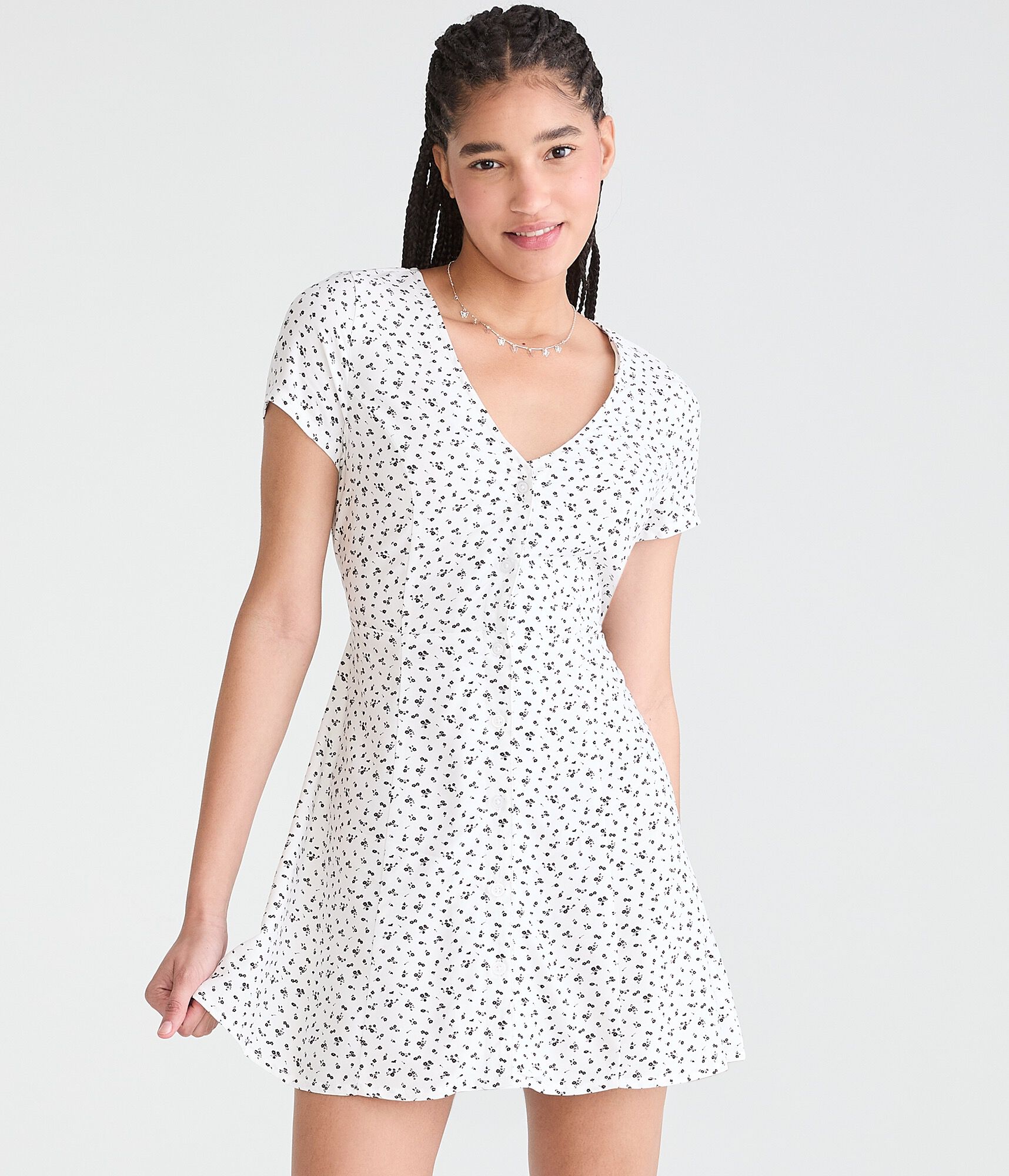 Printed V-Neck Buttoned A-Line Dress
