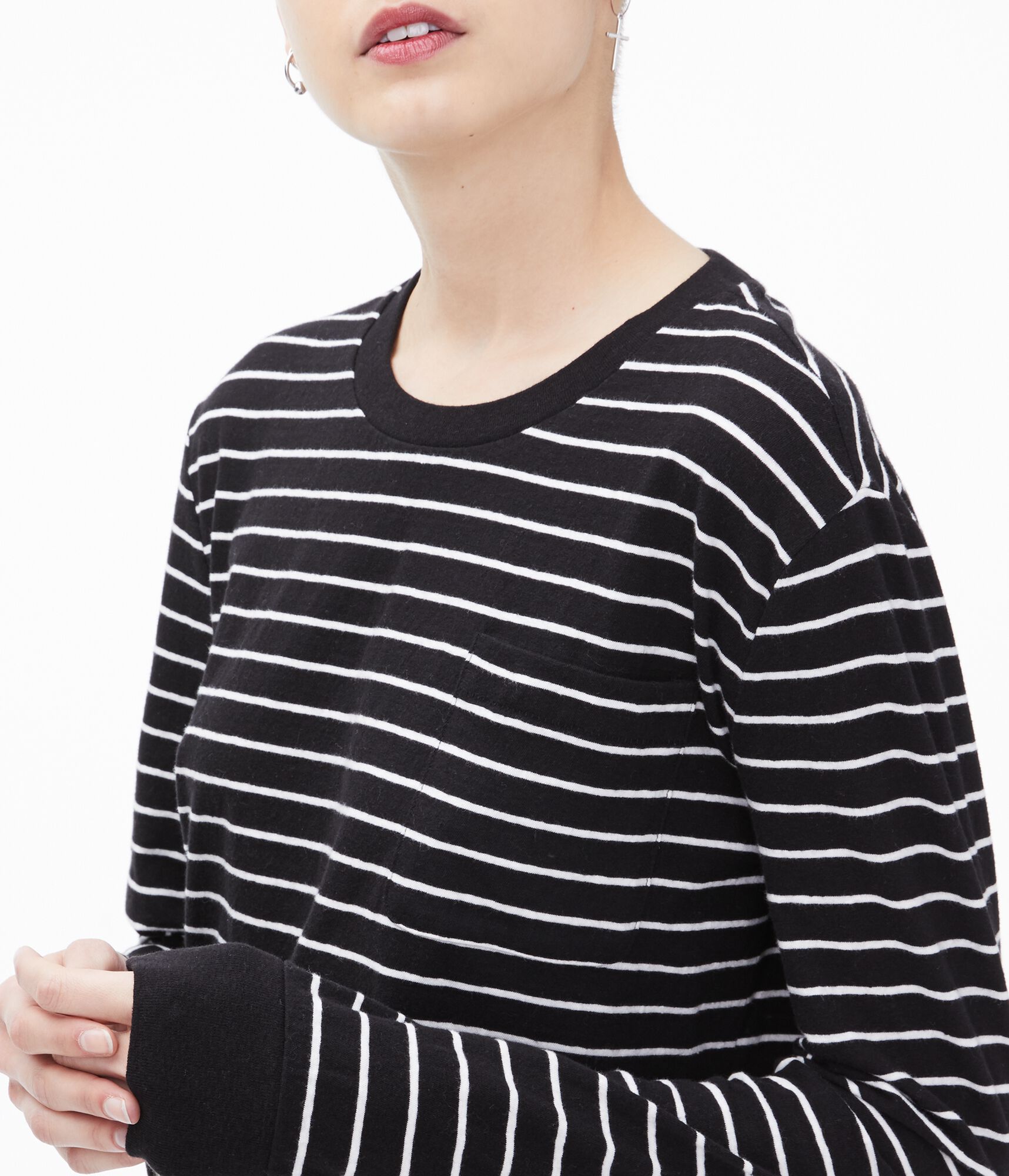 Long Sleeve Striped Boxy Cropped Pocket Tee
