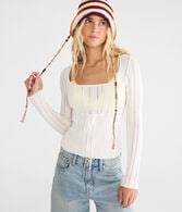 Pointelle Tie-Front Square-Neck Sweater