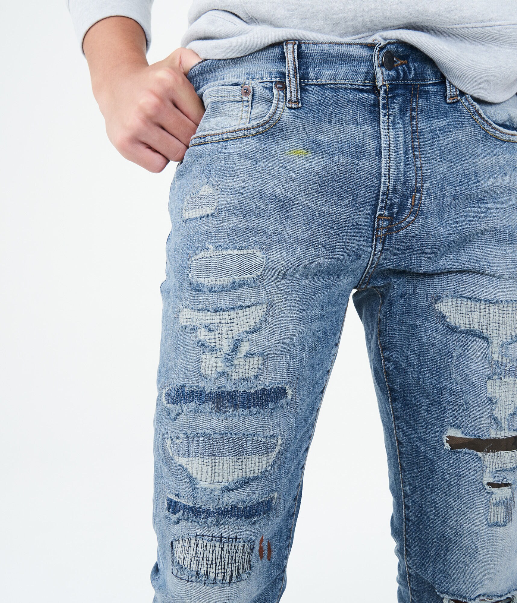 Skinny Medium Wash Rip-And-Repair Stretch Jean