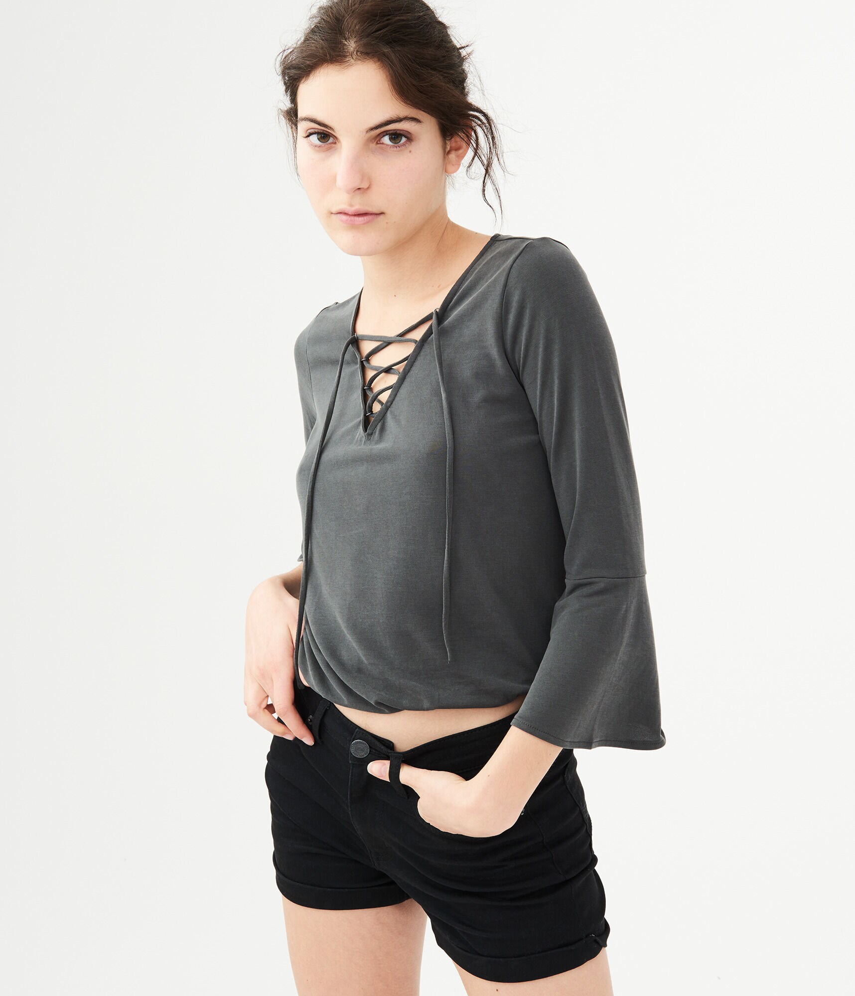 Long Sleeve Lace-Up Peasant Top