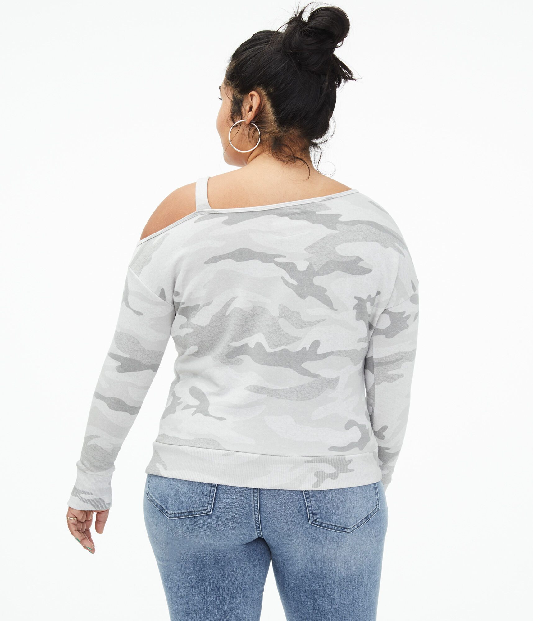 off the shoulder camo sweatshirt