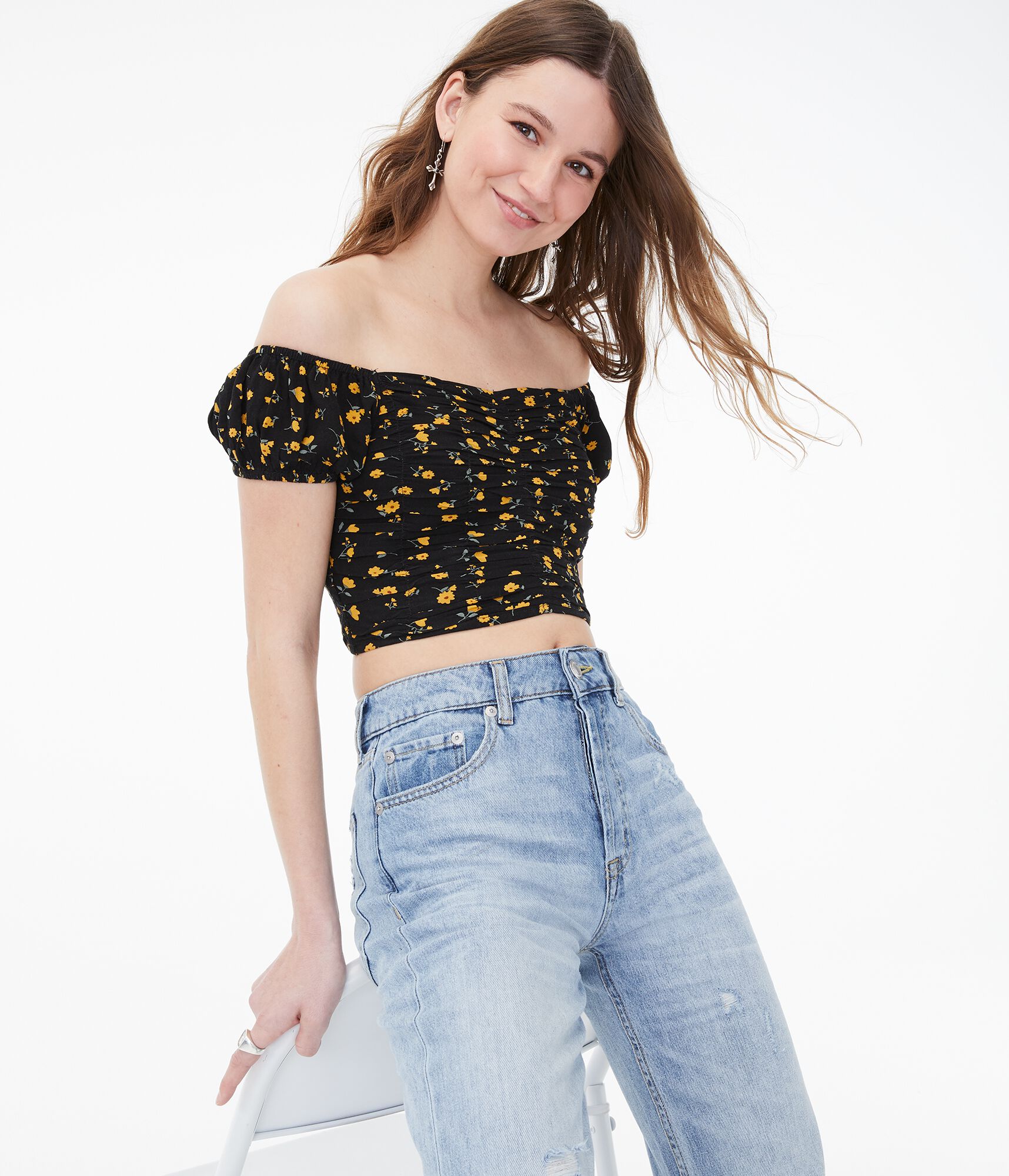 Floral Ruched Off-The-Shoulder Crop Top