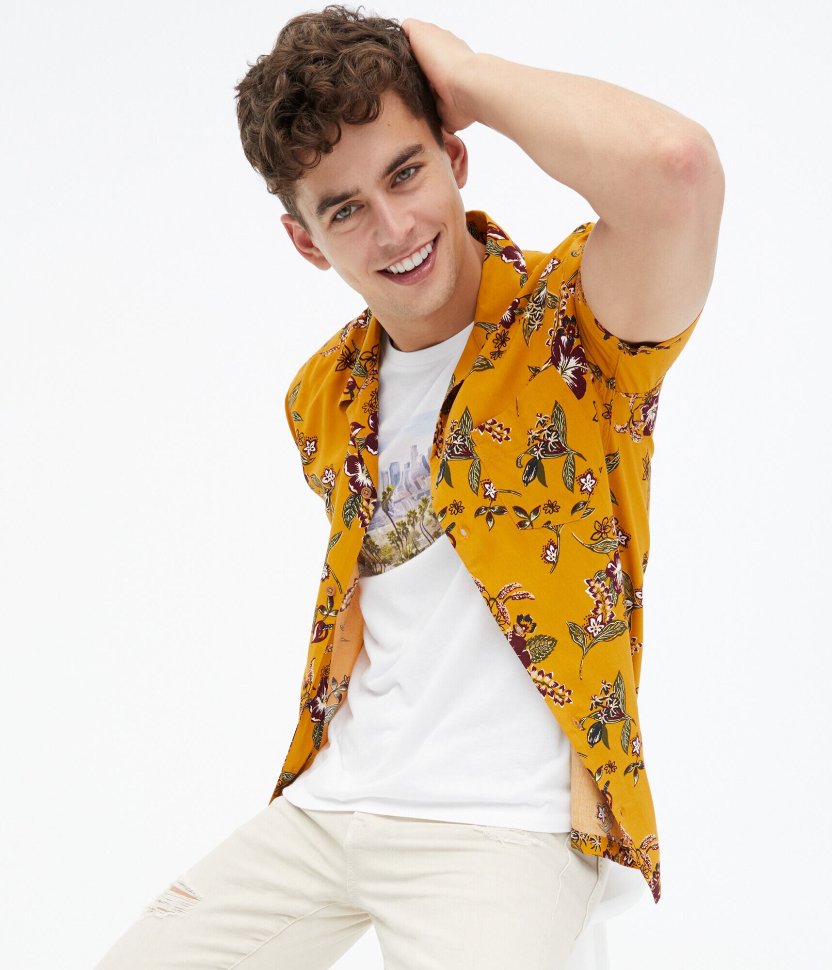 Tropical Floral Button-Down Camp Shirt