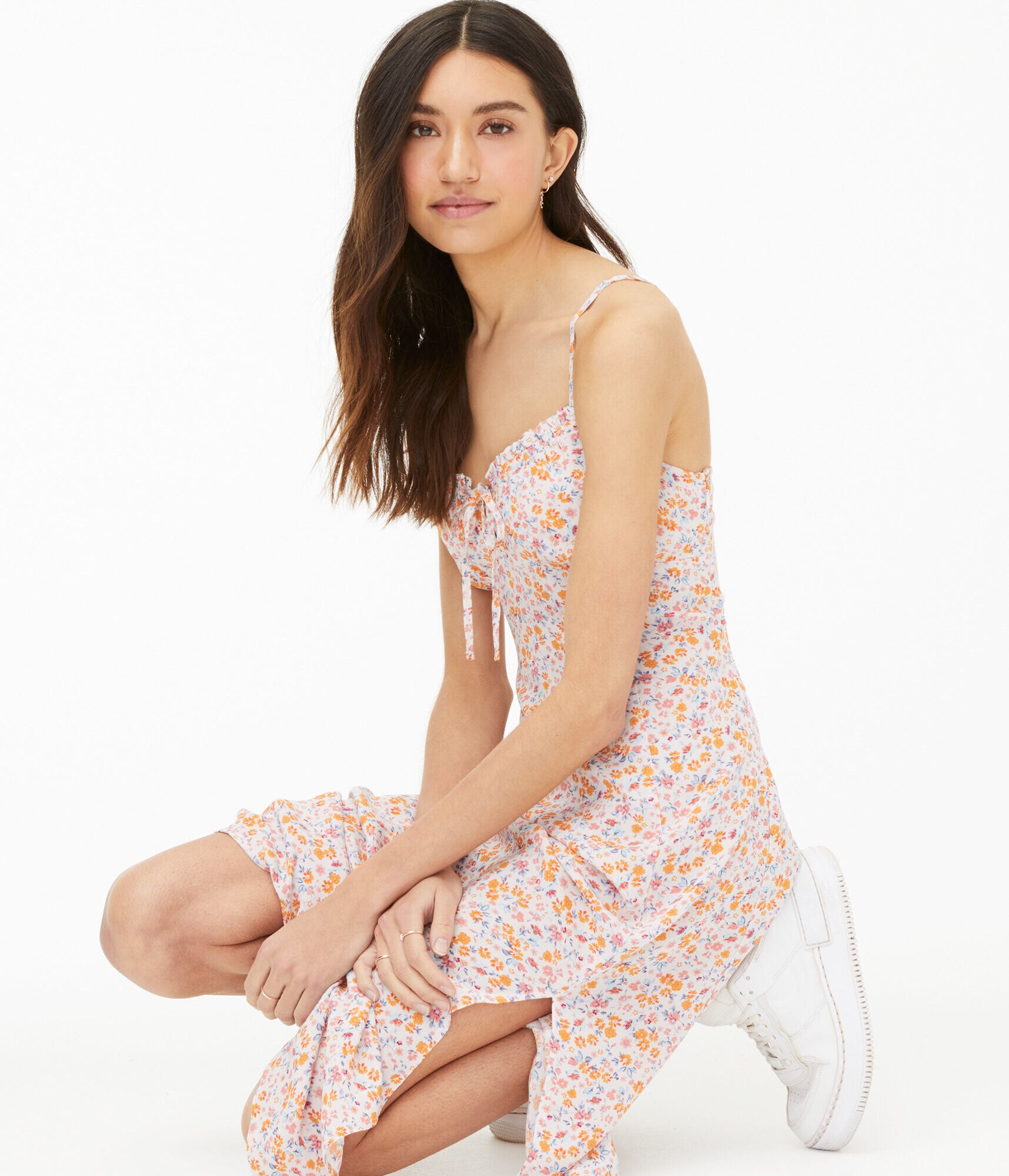 Floral Notch-Neck Tie-Front Midi Dress