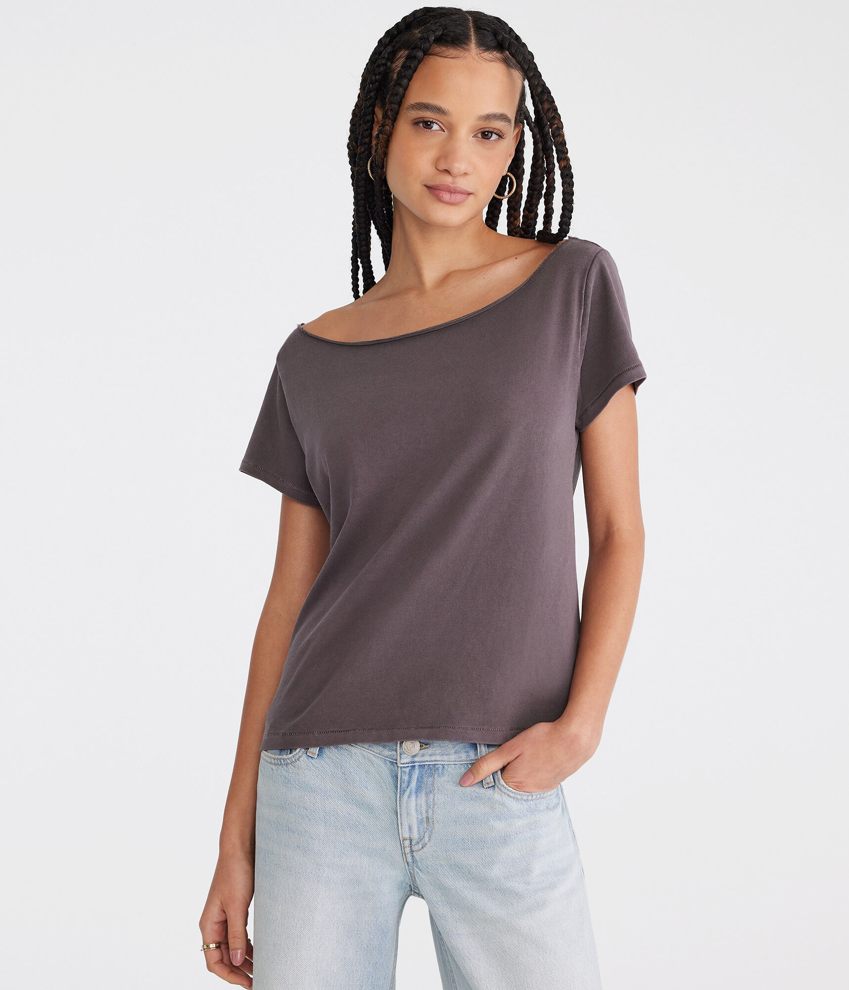 Washed Off-The-Shoulder Vintage Fit Crew Tee