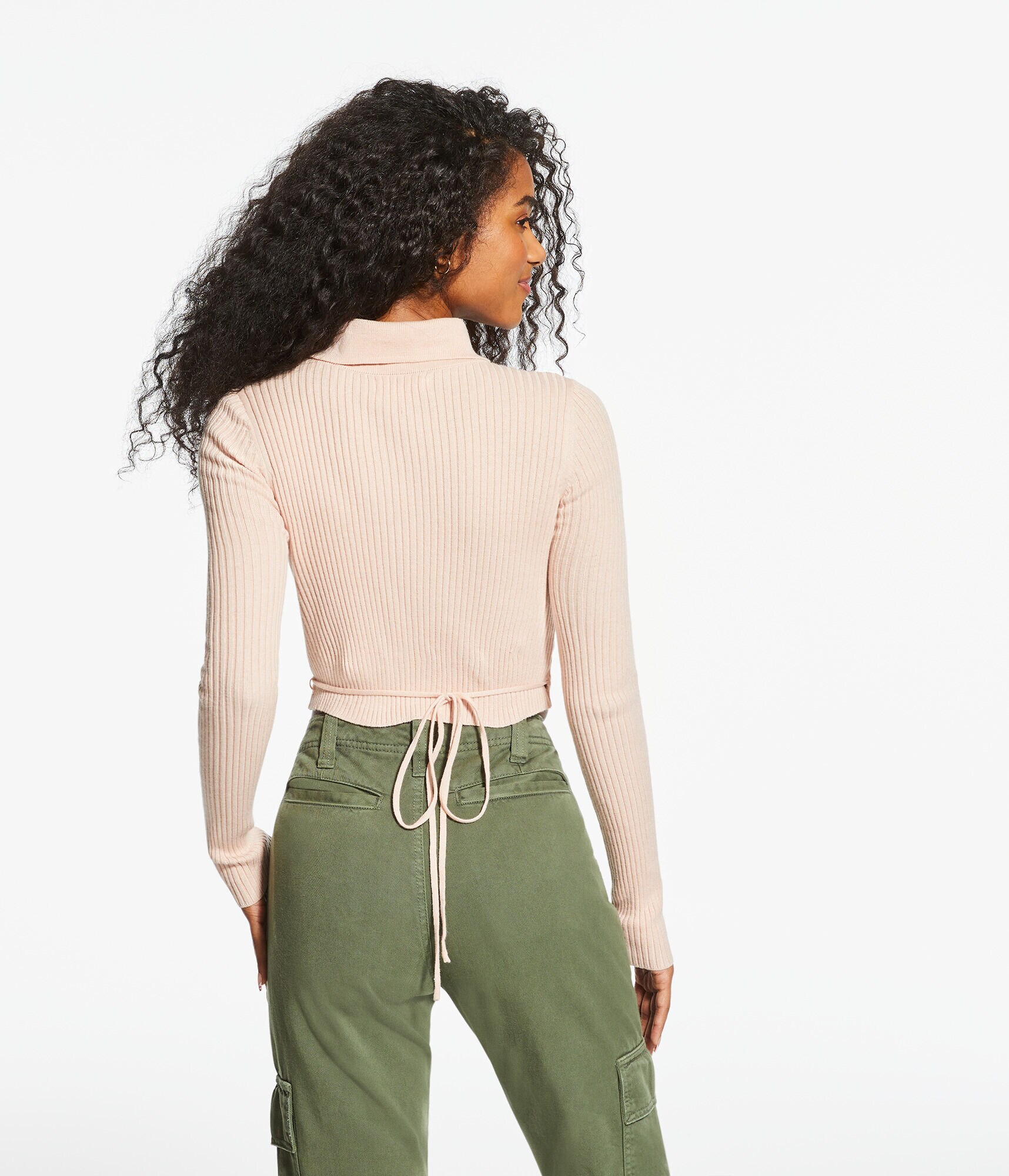 Wrap-Front Cropped Polo Sweater