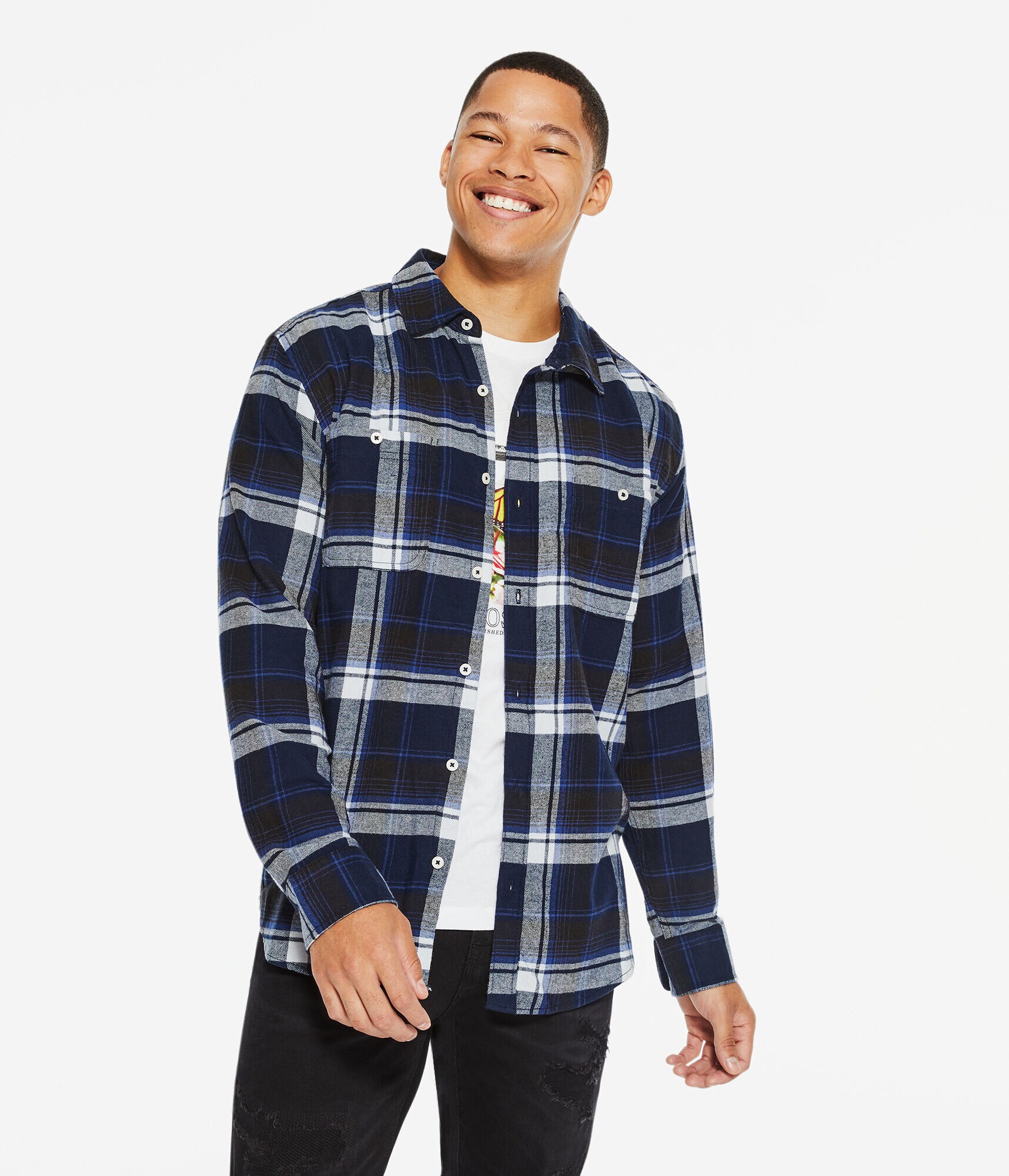 Long Sleeve Relaxed Washed Plaid Flannel Button-Down Shirt