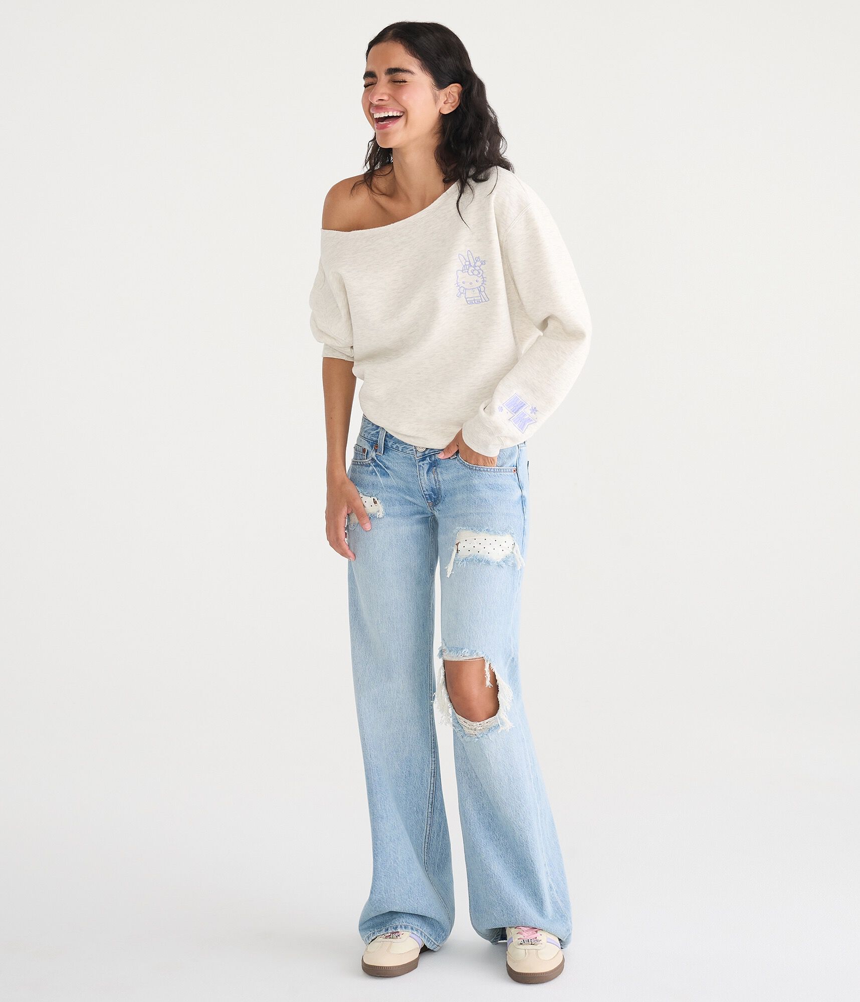 Hello Kitty Skiing Oversized Off-The-Shoulder Sweatshirt