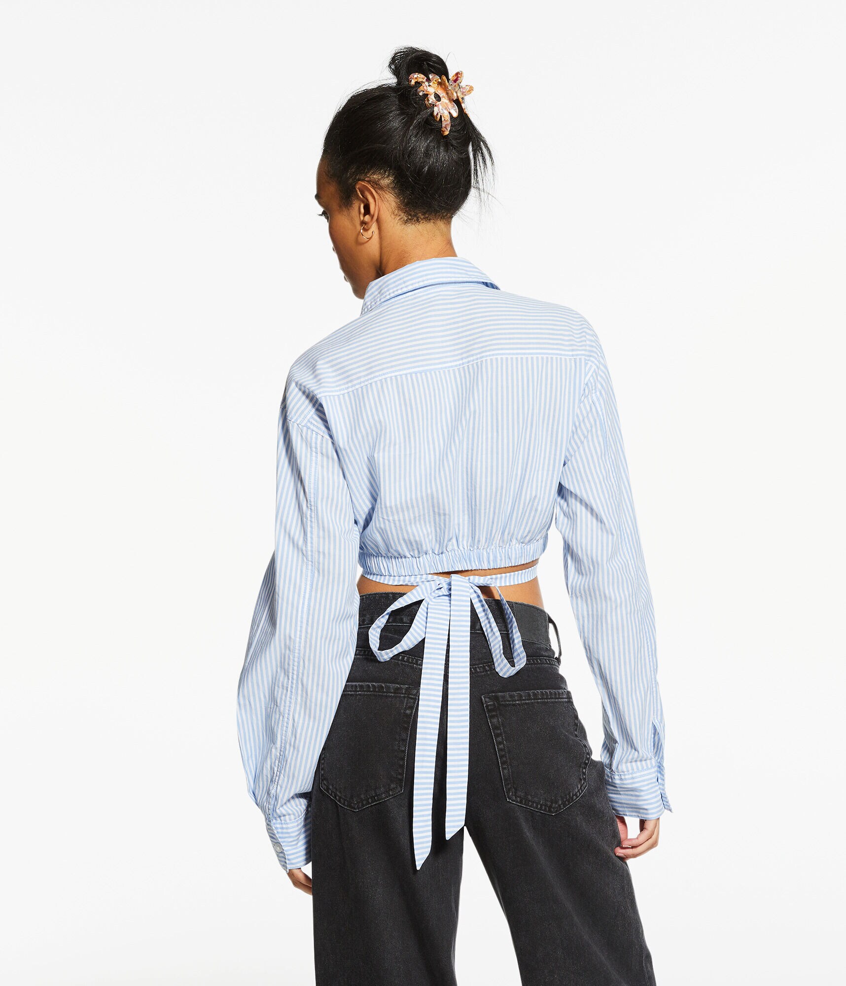 Long Sleeve Striped Wrap-Tie Cropped Shirt