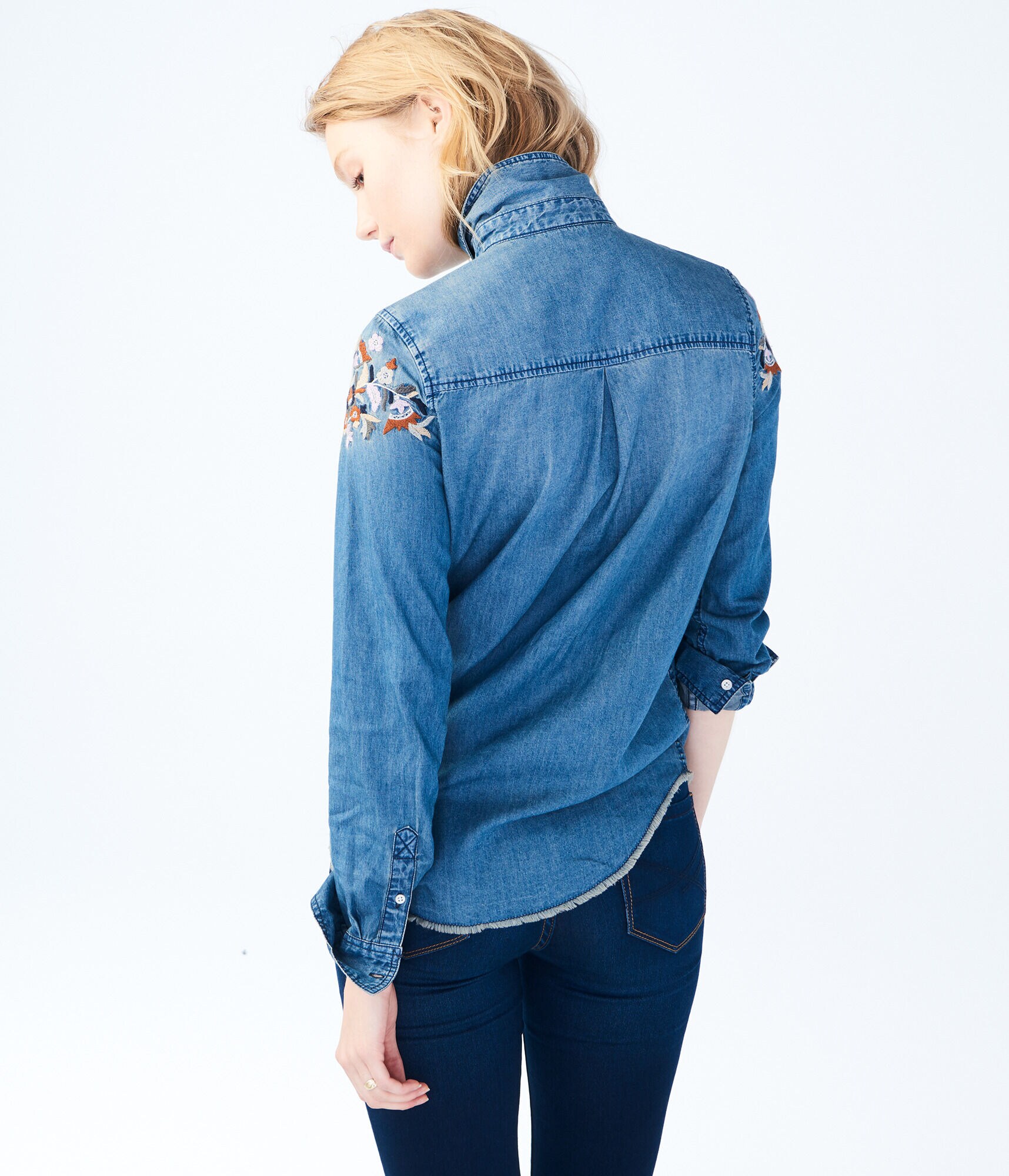 Long Sleeve Embroidered Chambray Woven Shirt