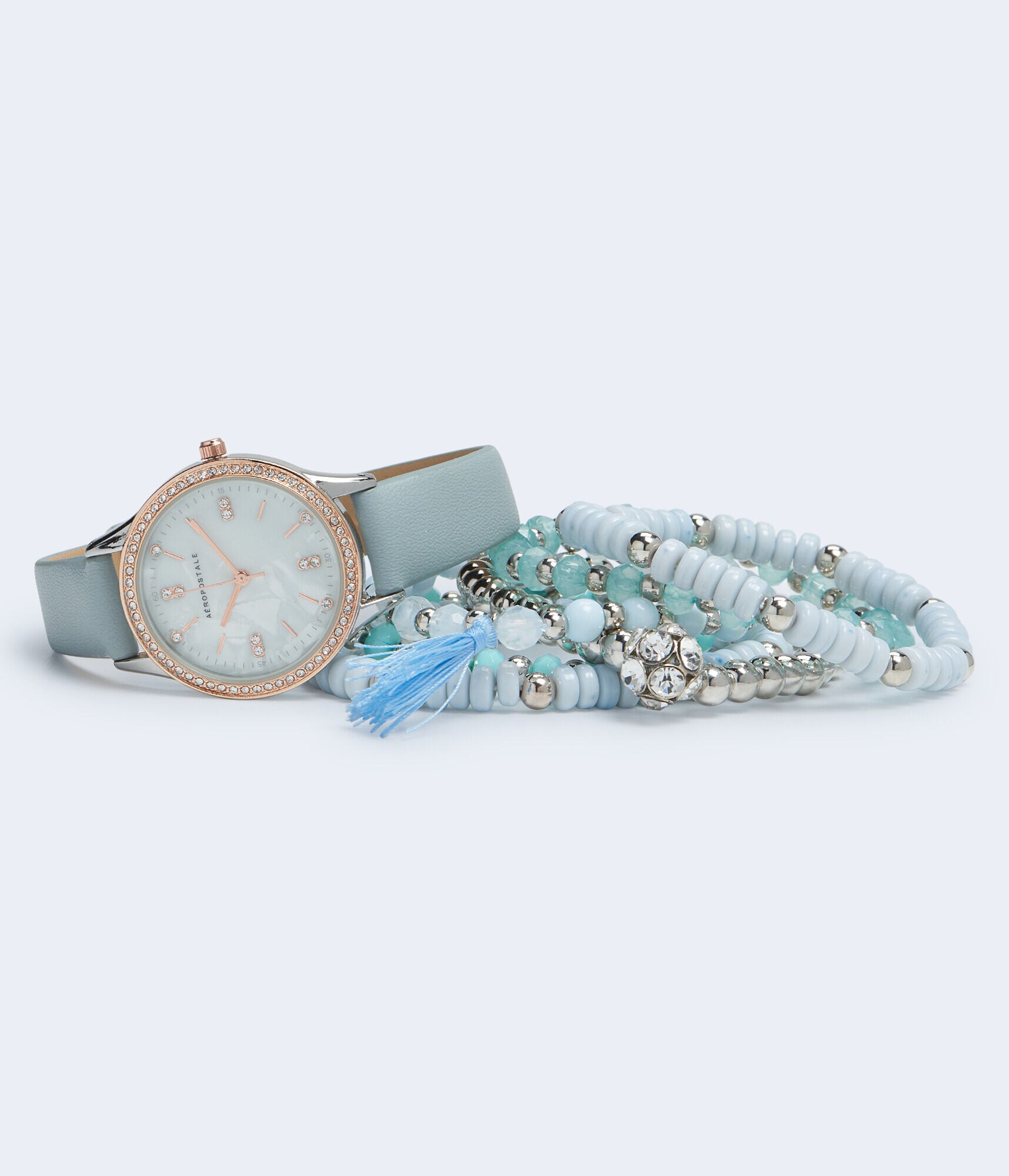 Faux Leather Rhinestone Analog Watch &amp; Beaded Bracelet Set
