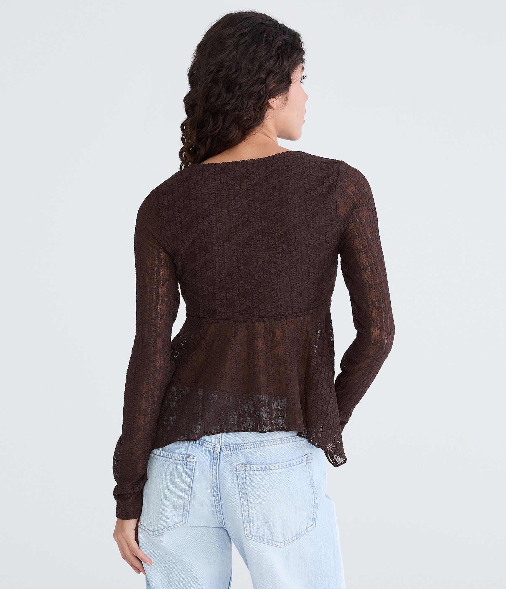 Long Sleeve Textured Cropped V-Neck Babydoll Top