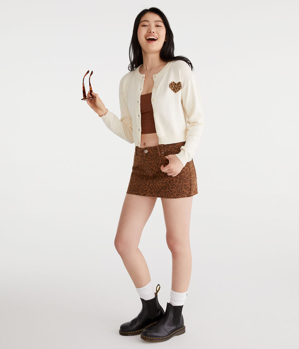 Leopard Print Heart Buttoned Crew Cardigan