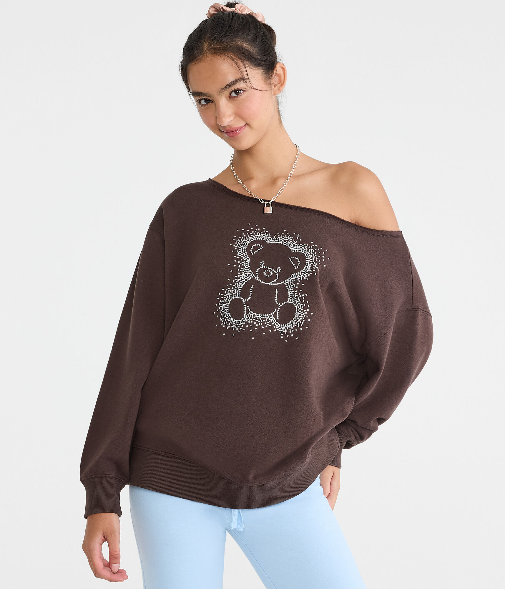 Cloud Soft Rhinestone Teddy Off-The-Shoulder Sweatshirt