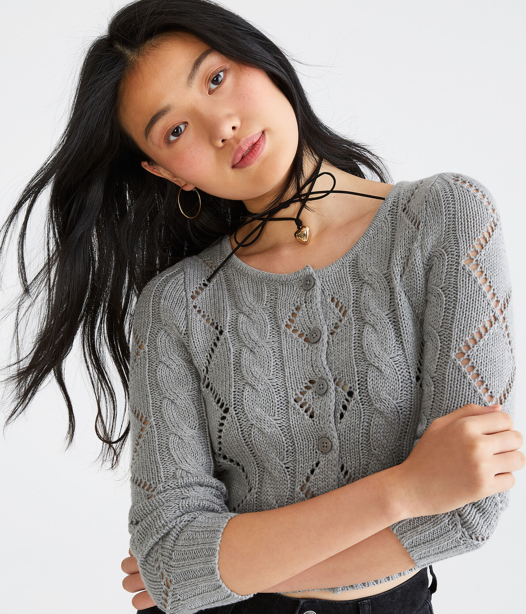 Long Sleeve Cropped Pointelle Cardigan