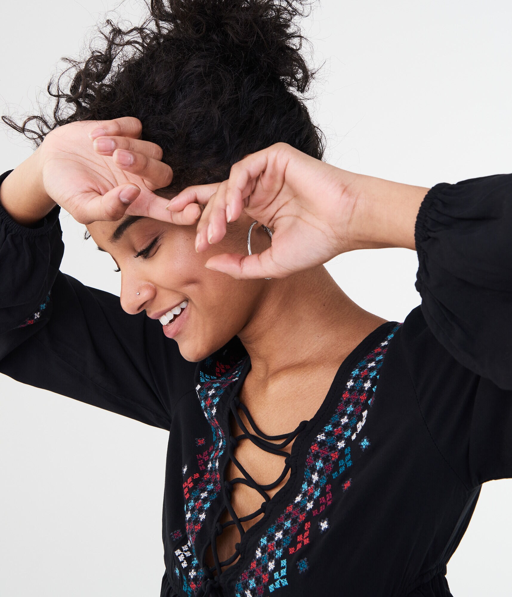 Long Sleeve Embroidered Lace-Up Peasant Top