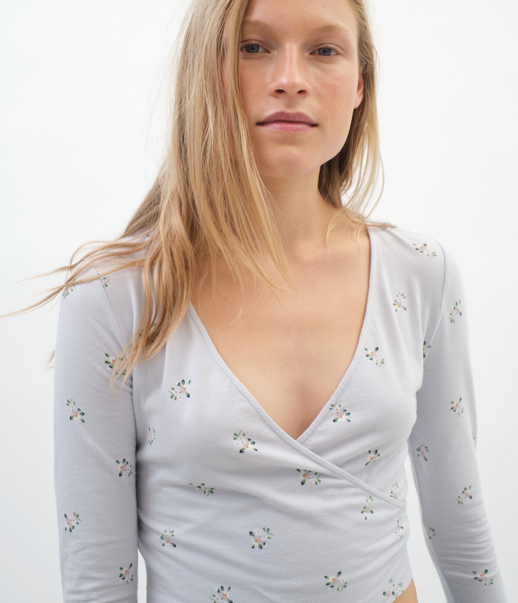 Long Sleeve Floral Surplice Crop Top***