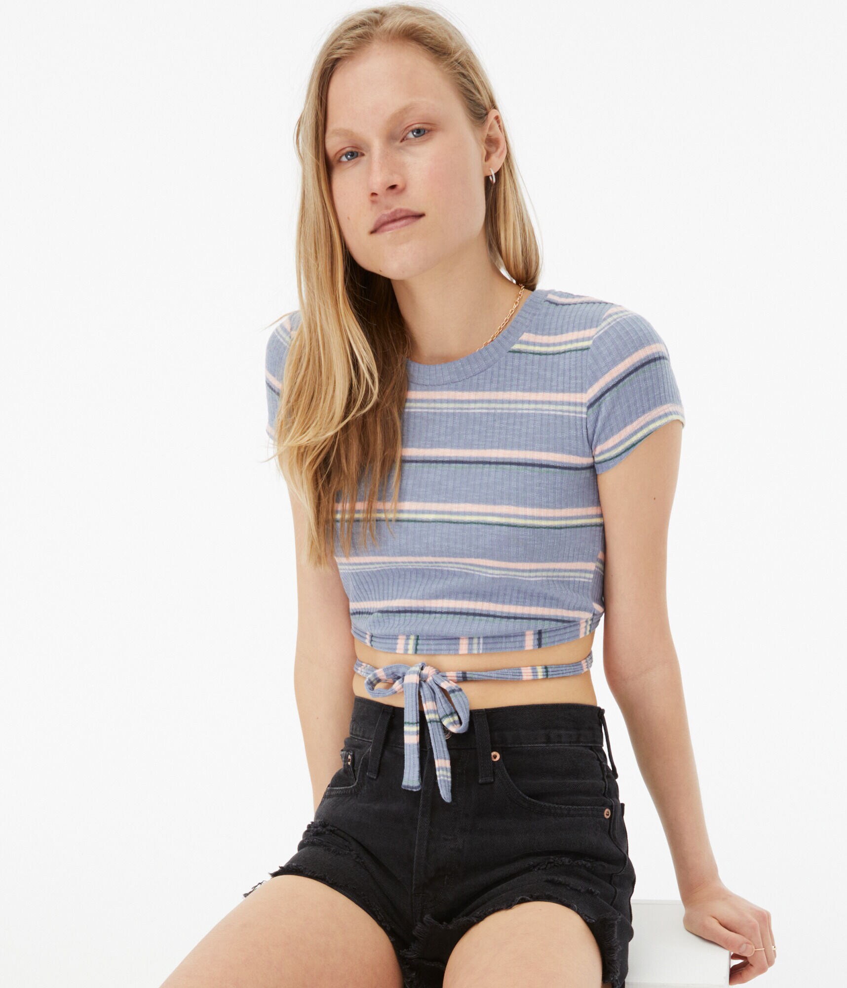 Striped Crossover-Back Crop Top