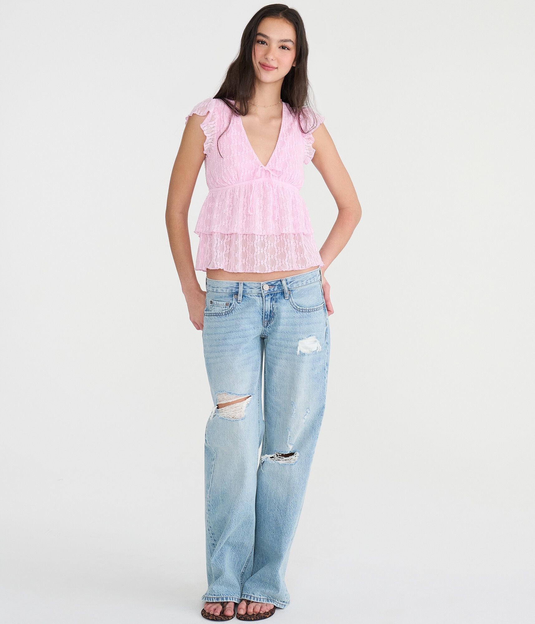 Lace Flutter Sleeve V-Neck Top