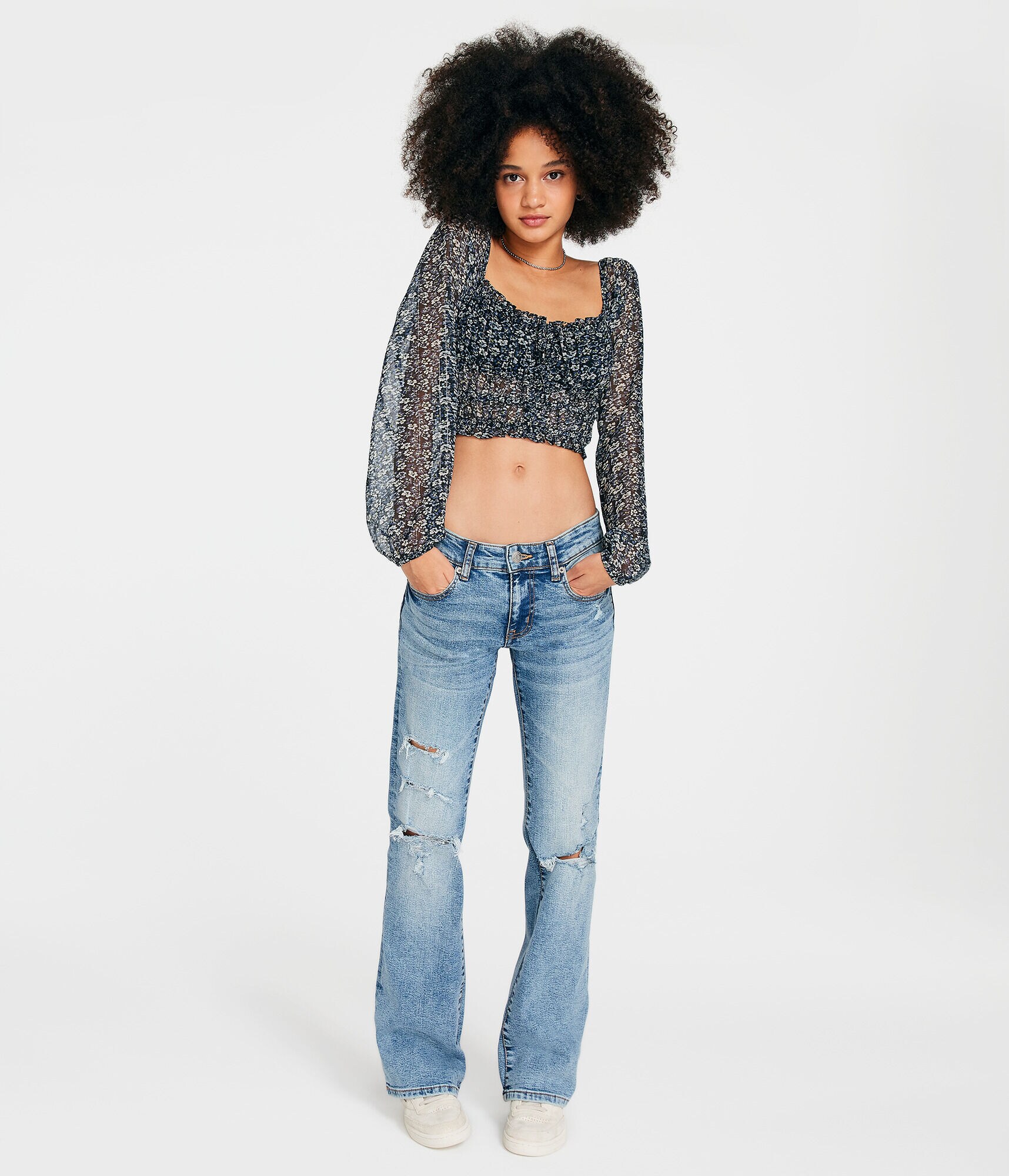 Long Sleeve Floral Cropped Blouse