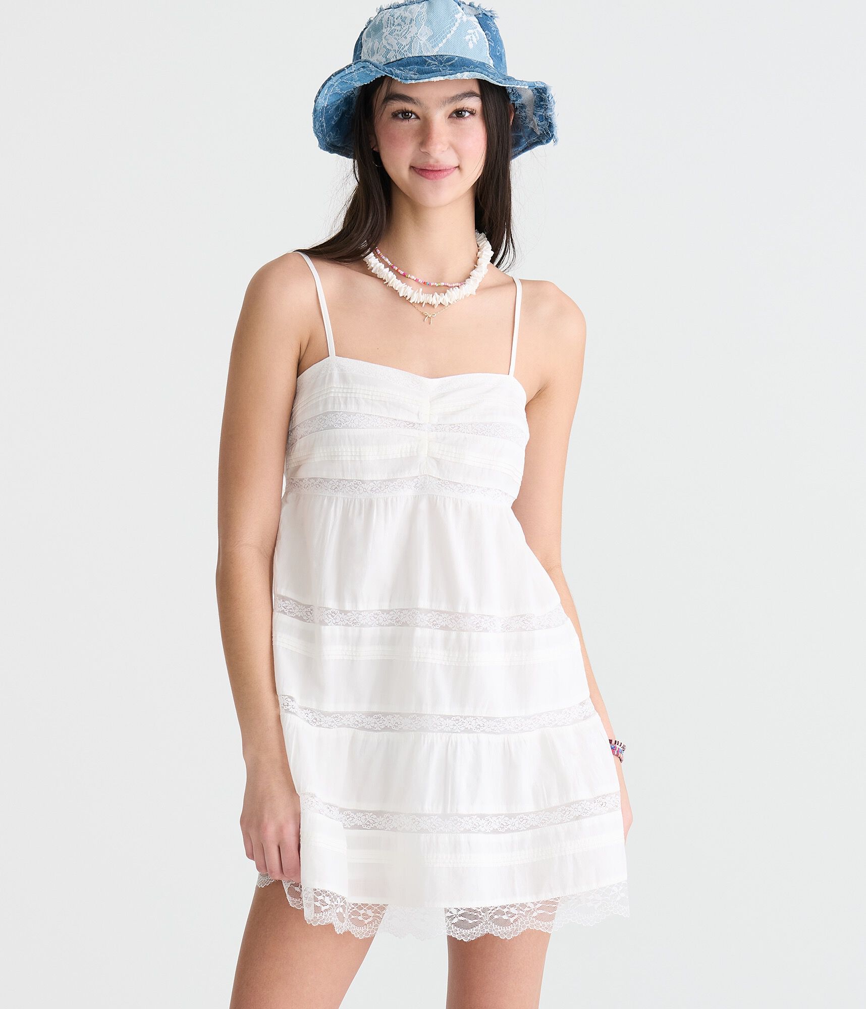 Solid Sweetheart Pintuck &amp; Lace Babydoll Dress