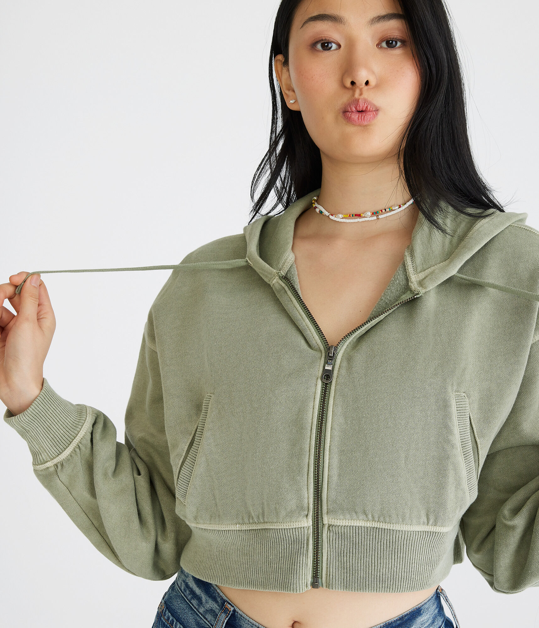 Solid Cropped Full-Zip Hoodie