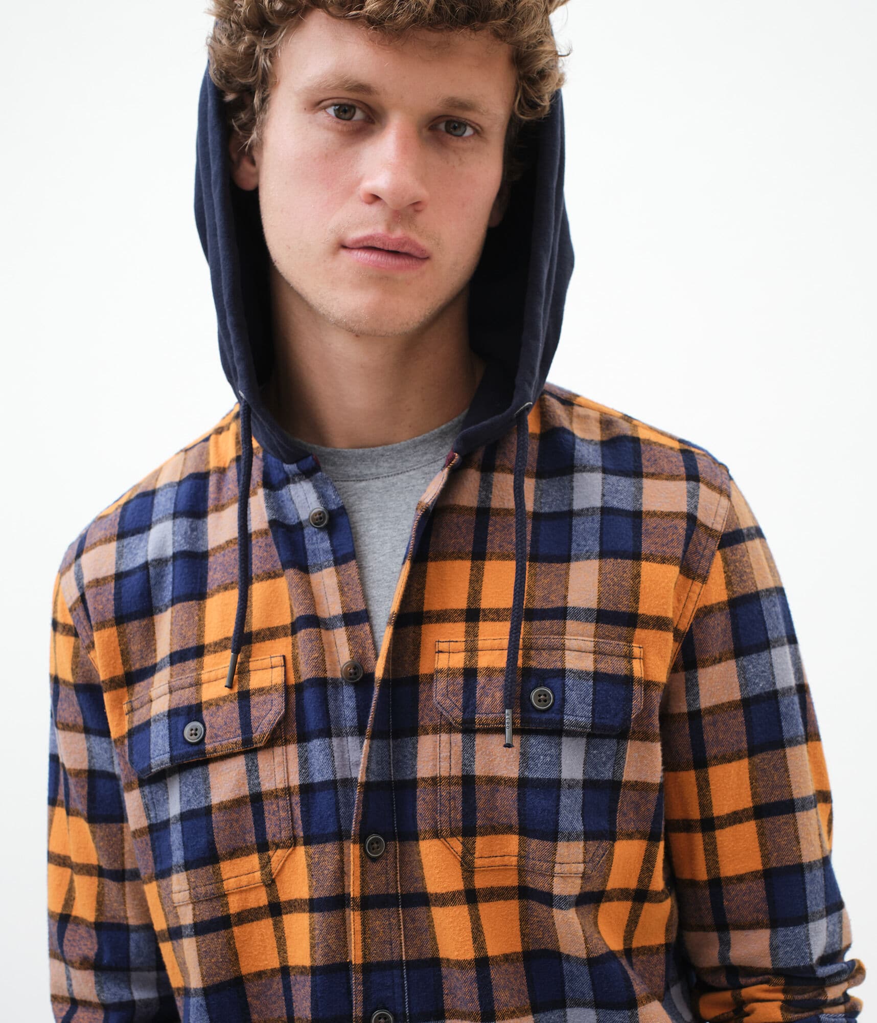 Long Sleeve Plaid Hooded Flannel Button 