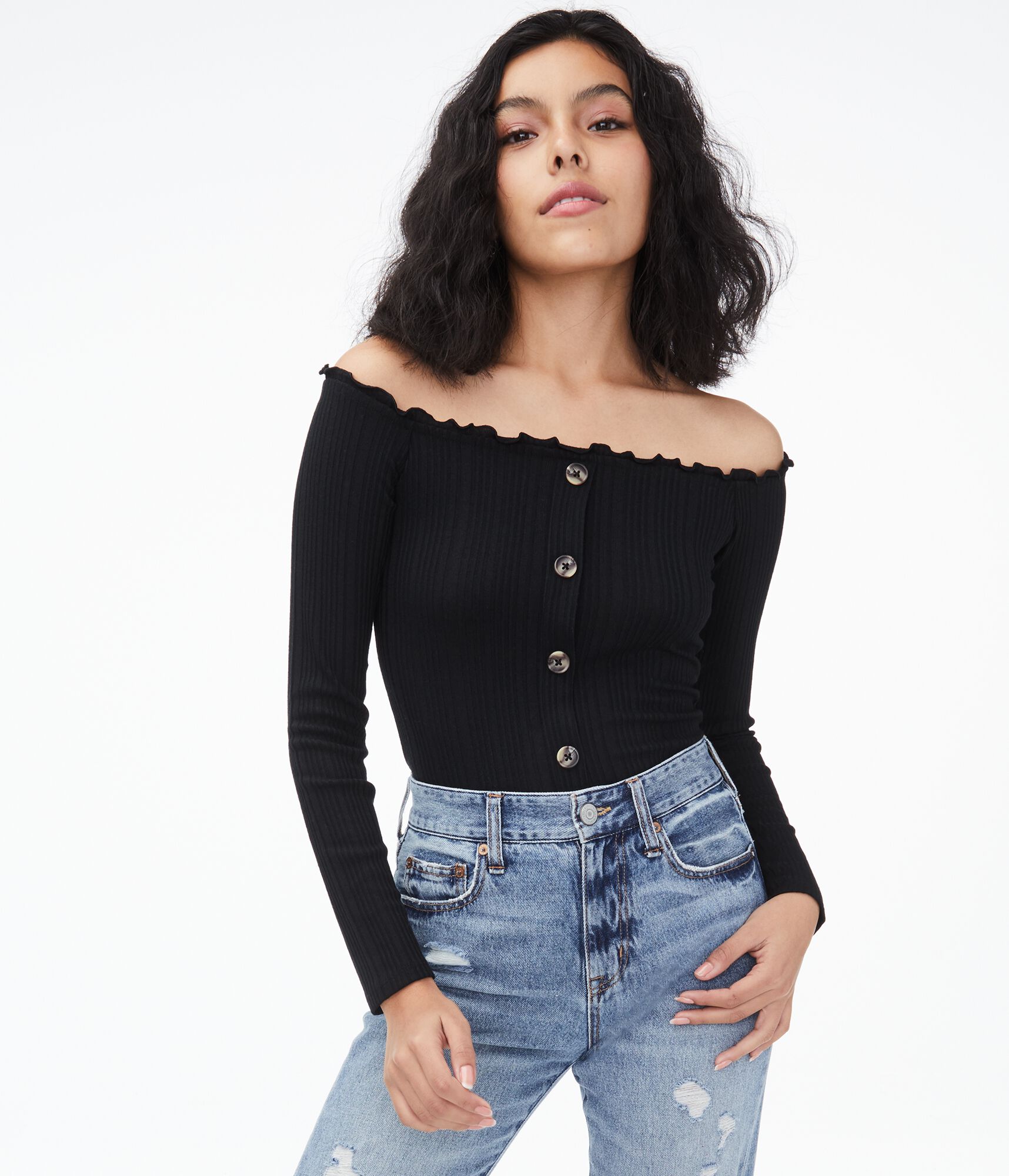 Long Sleeve Seriously Soft Buttoned Off-The-Shoulder Bodycon Top
