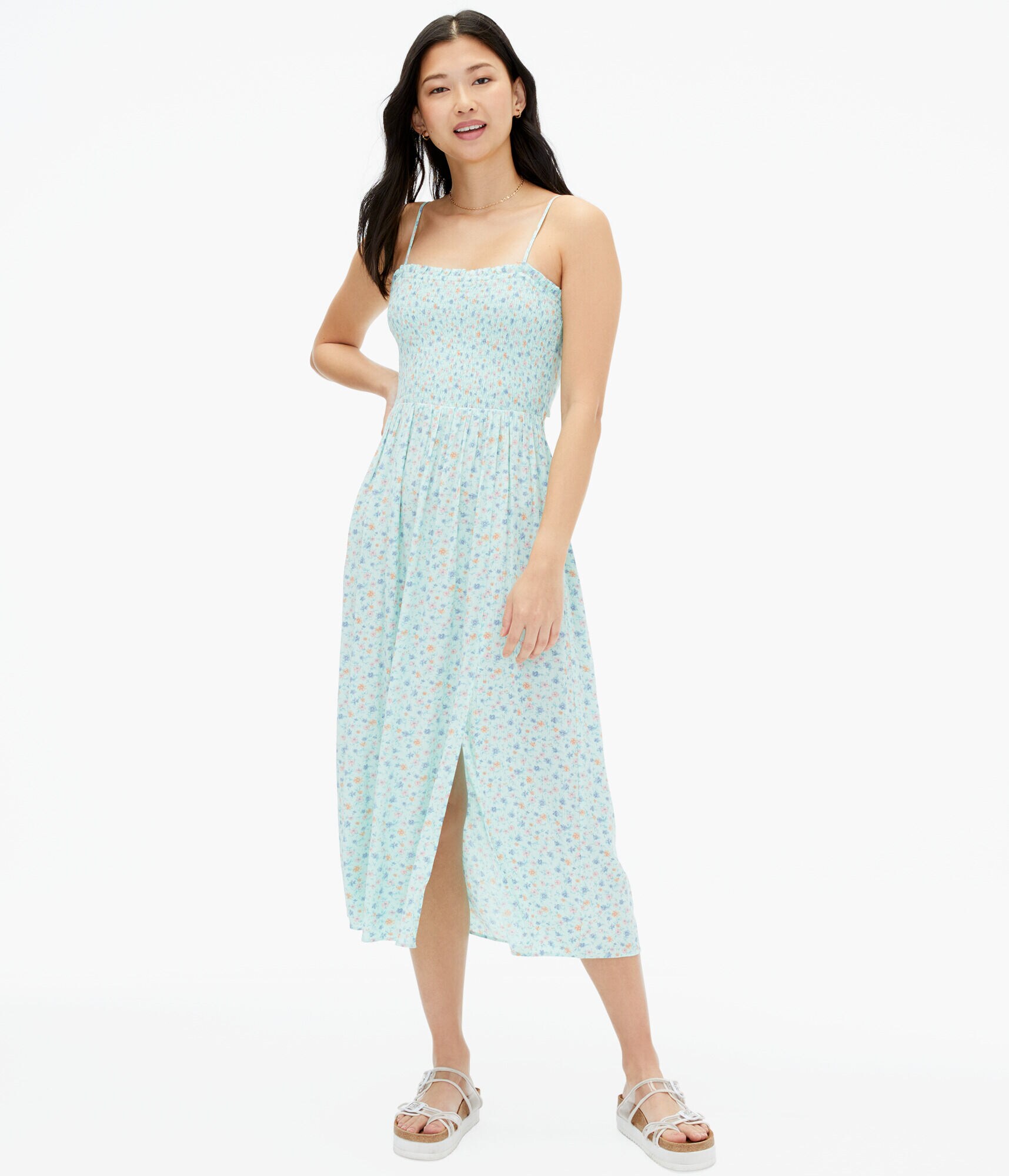 Floral Square-Neck Smocked Midi Dress