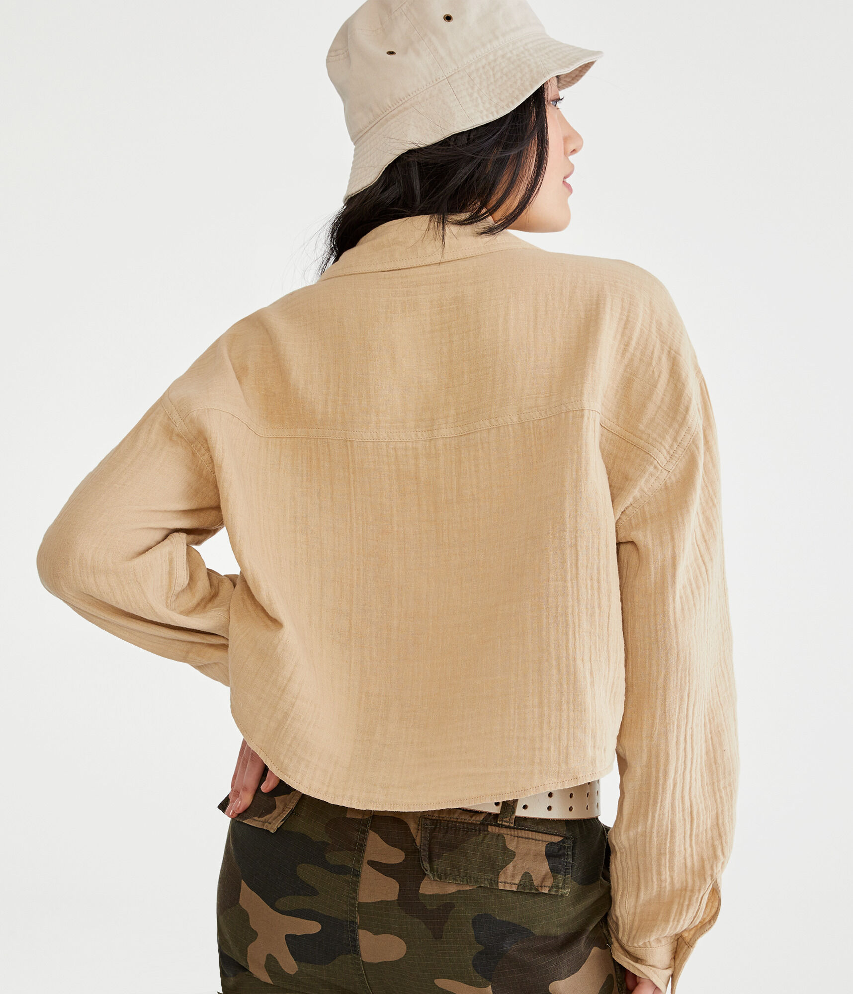 Long Sleeve Gauzy Oversized Cropped Shirt