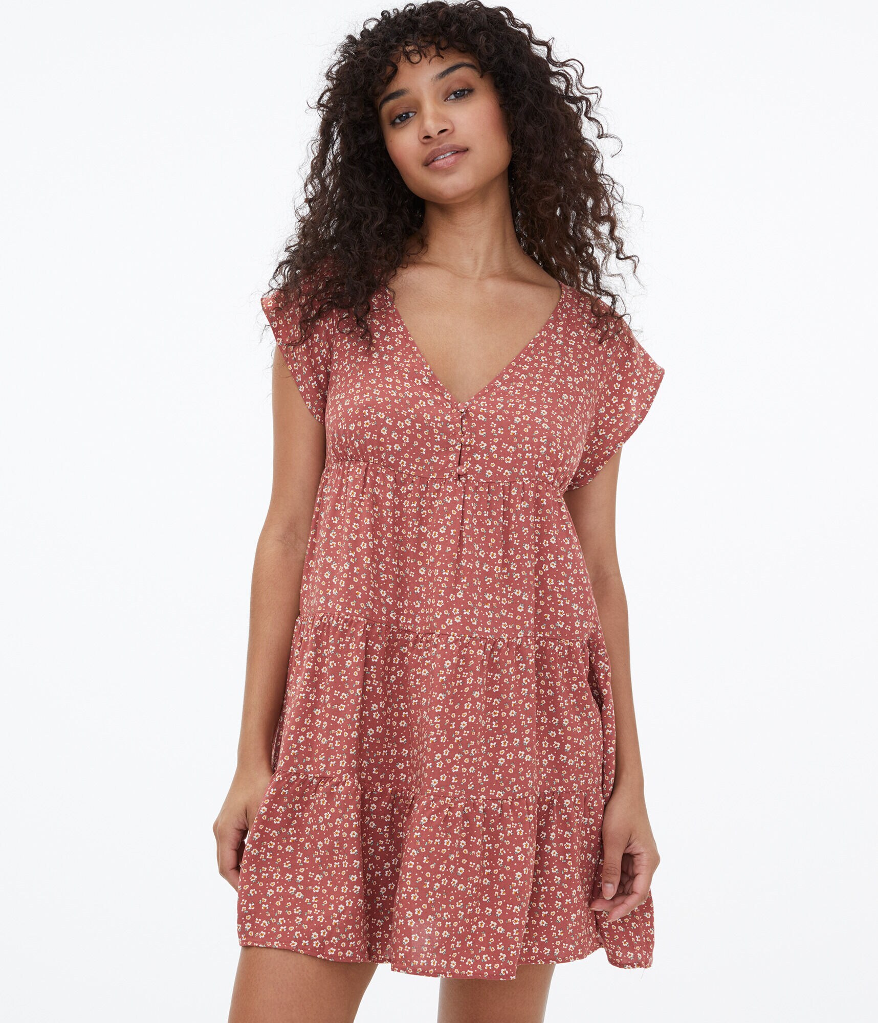 Floral V-Neck Tiered Babydoll Dress***