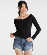 Long Sleeve Pointelle Open-Neck Tee