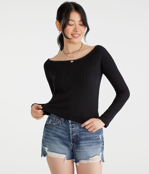 Long Sleeve Pointelle Open-Neck Tee