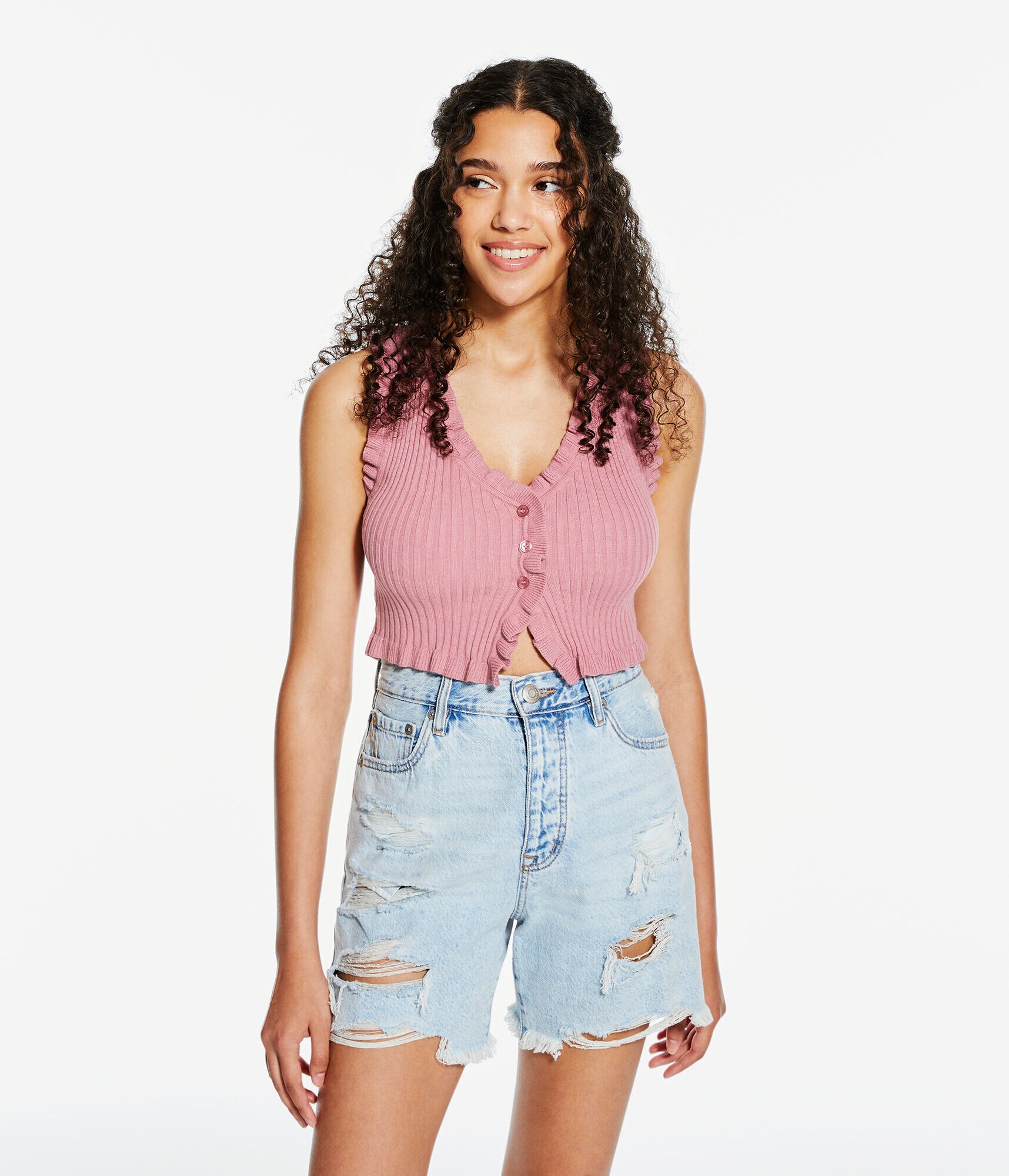 Ruffle Button-Up Cropped Tank