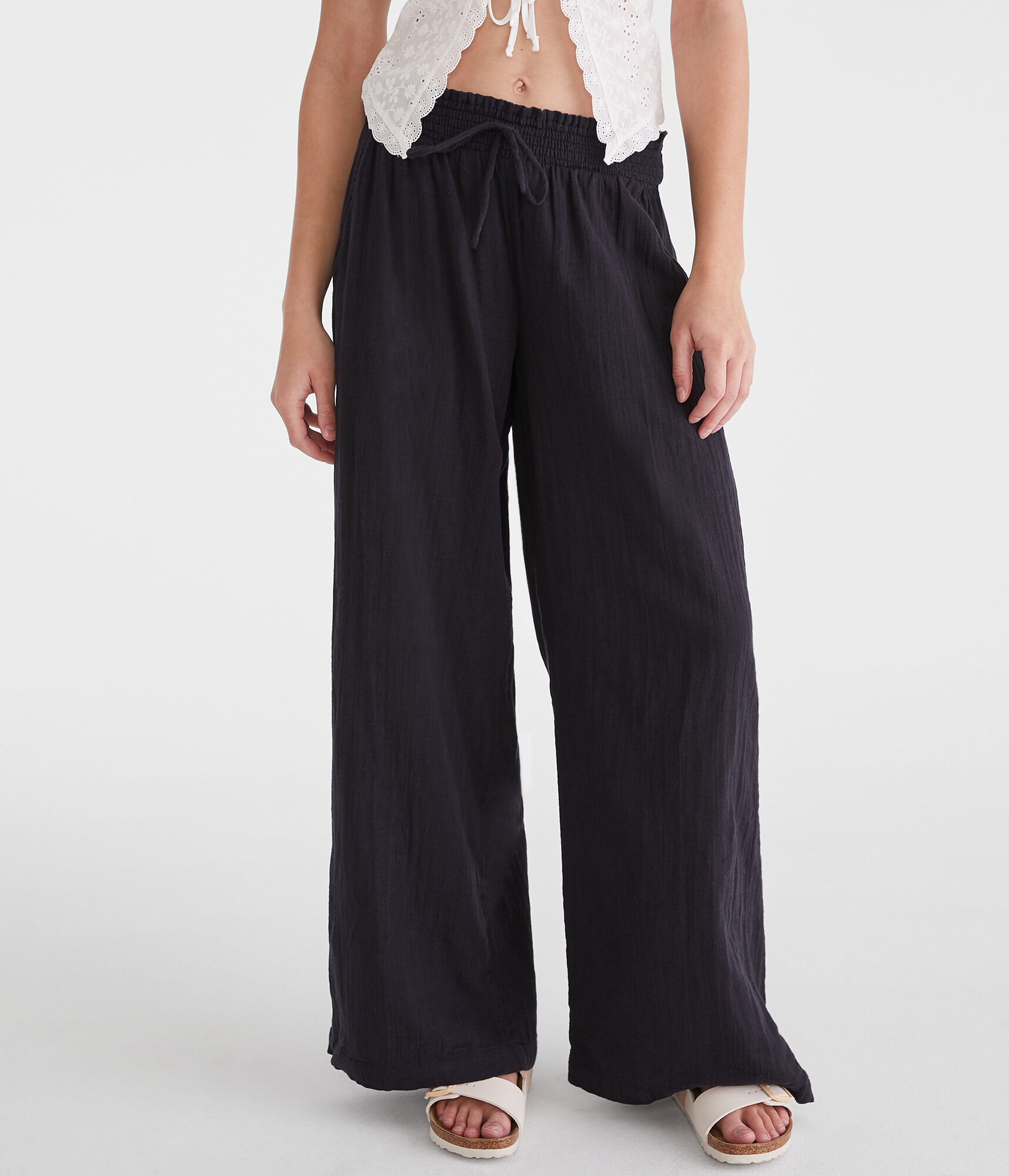 Gauze Wide Leg Drawstring Pants