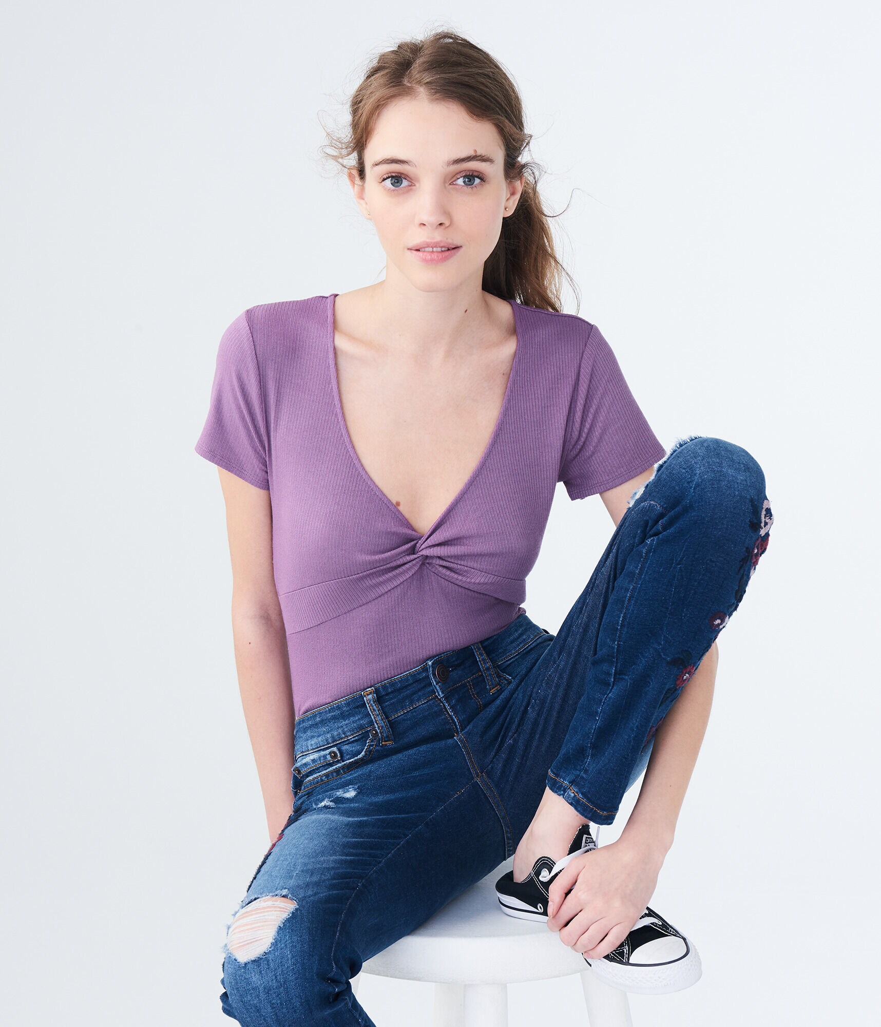 Solid Twist-Front V-Neck Top