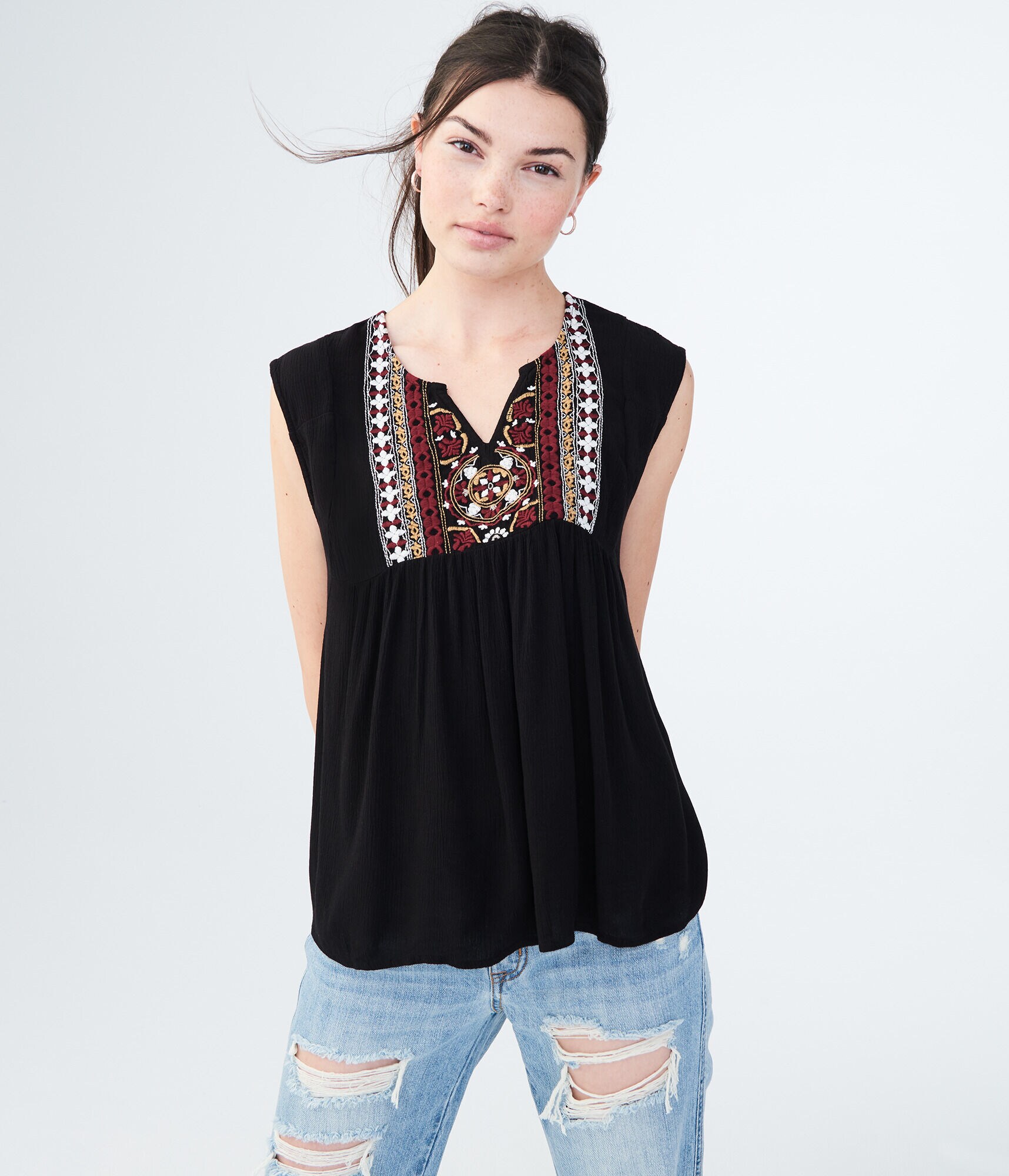 Embroidered Peasant Tank