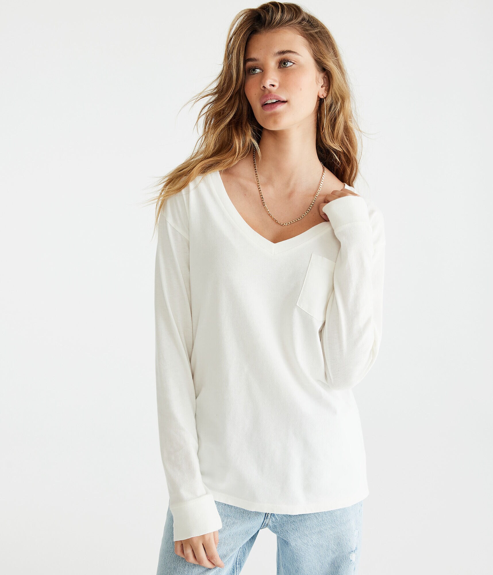 Long Sleeve Loose Fit V-Neck Pocket Tee