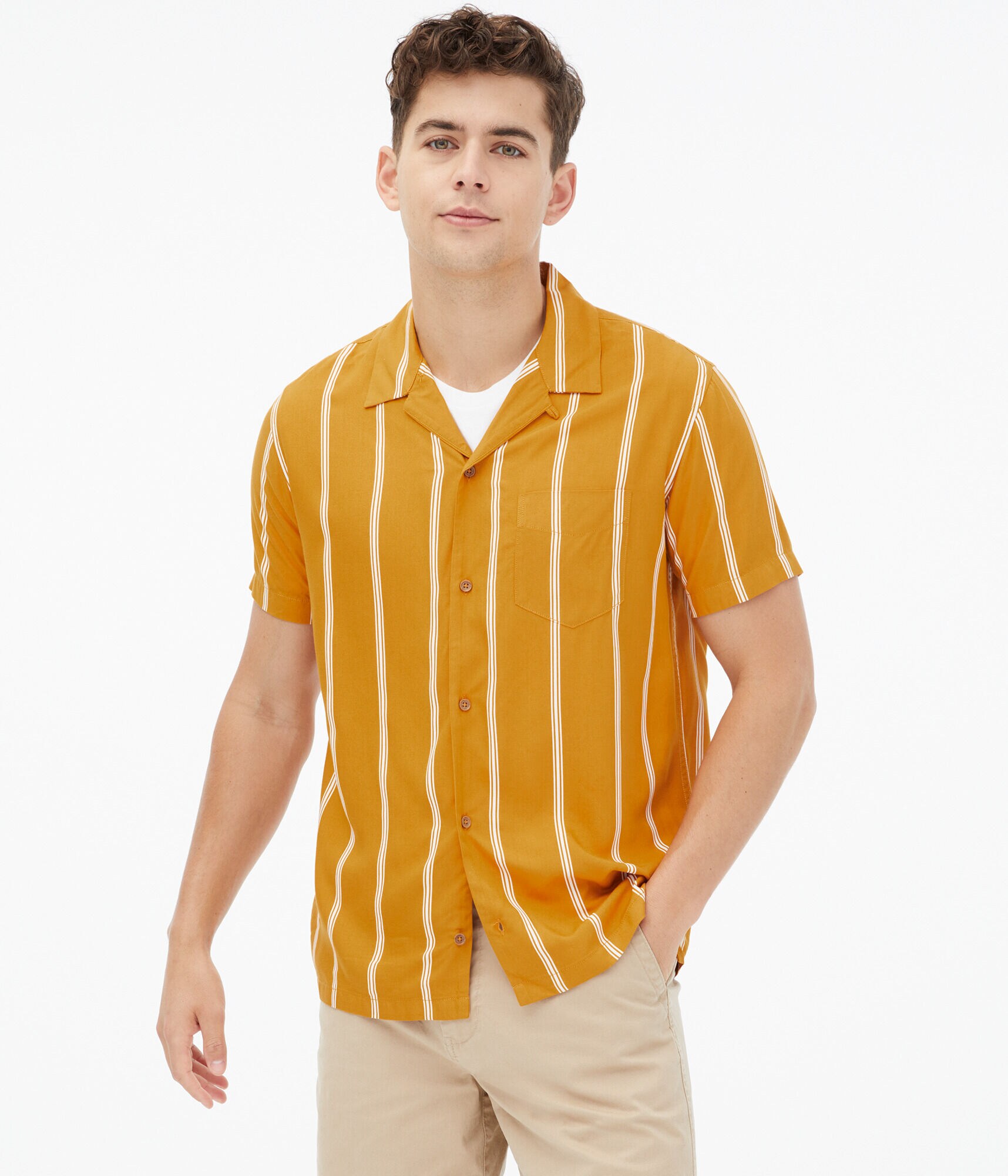 Vertical Stripe Button-Down Camp Shirt