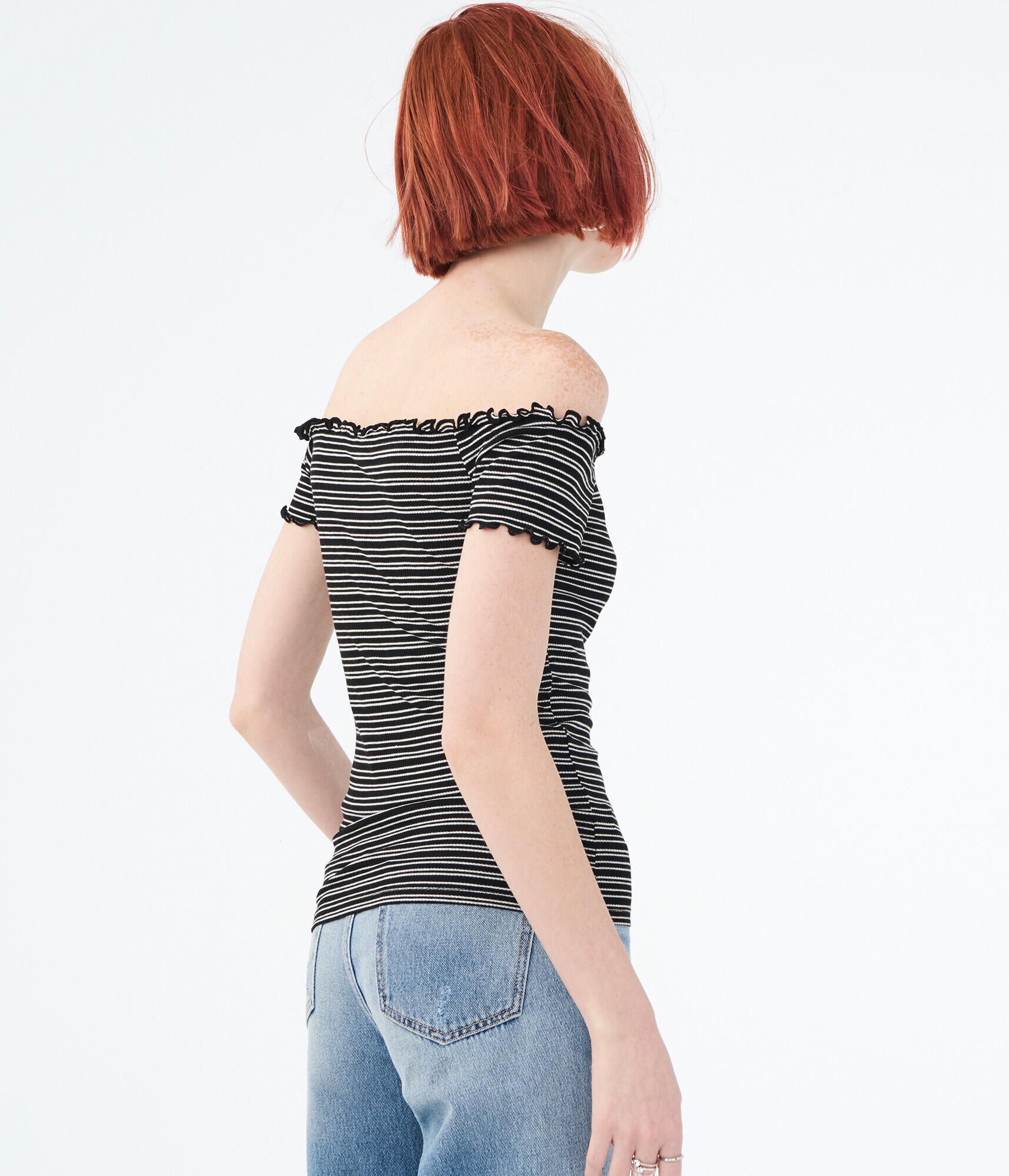 Striped Lettuce-Trim V-Wire Off-The-Shoulder Top
