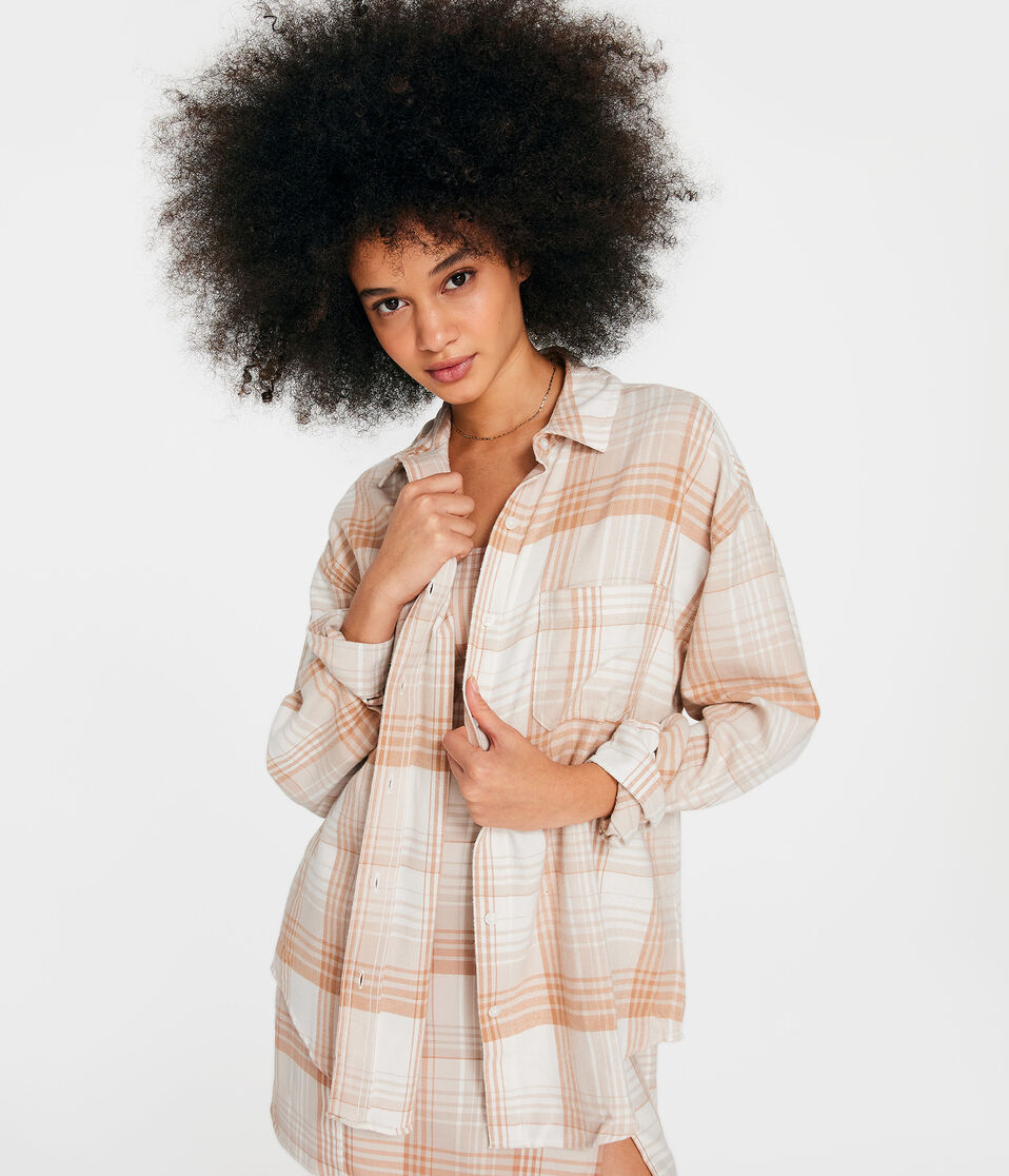 Long Sleeve Oversized Plaid Flannel Button-Down Shirt
