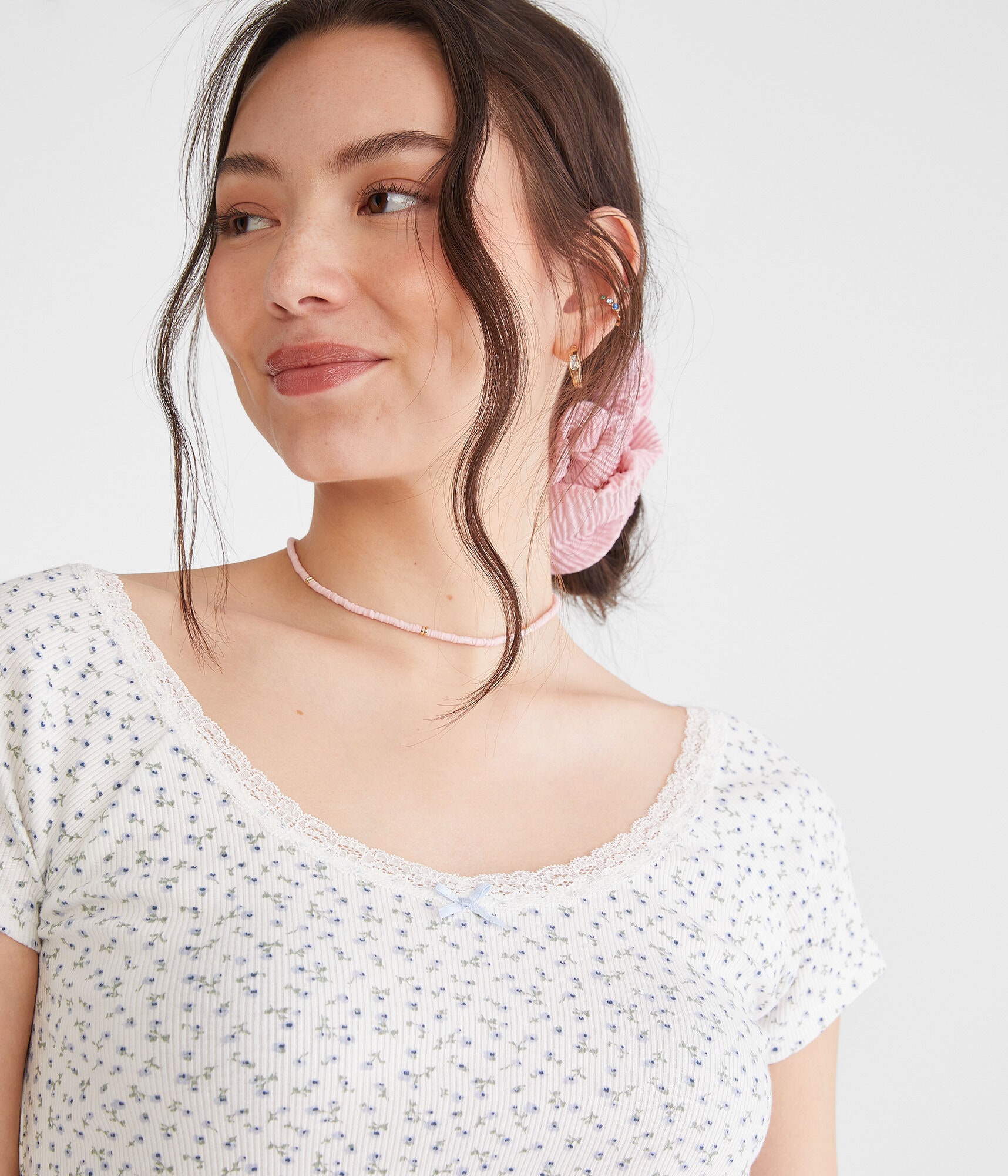 Seriously Soft Floral Lace-Trim Shrunken Tee