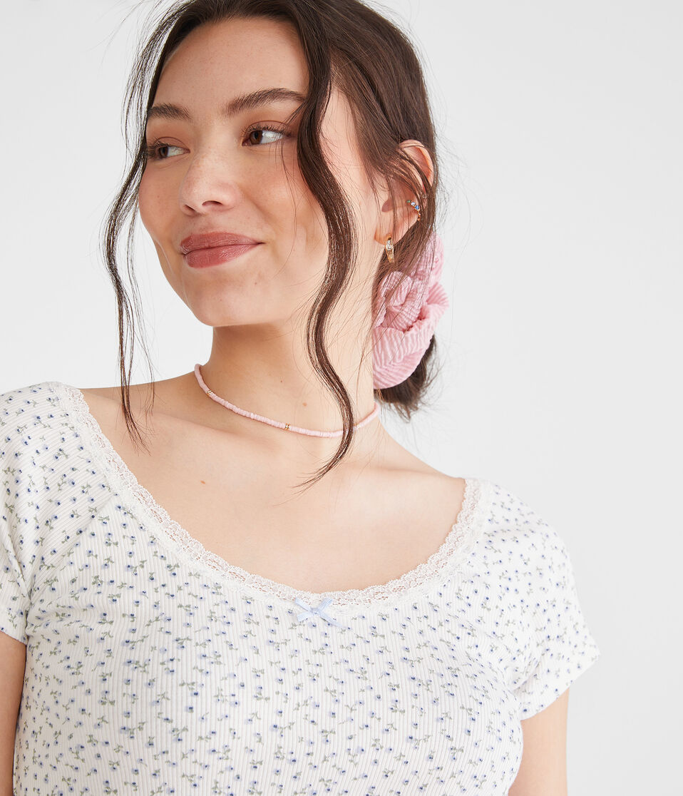 Seriously Soft Floral Lace-Trim Shrunken Tee
