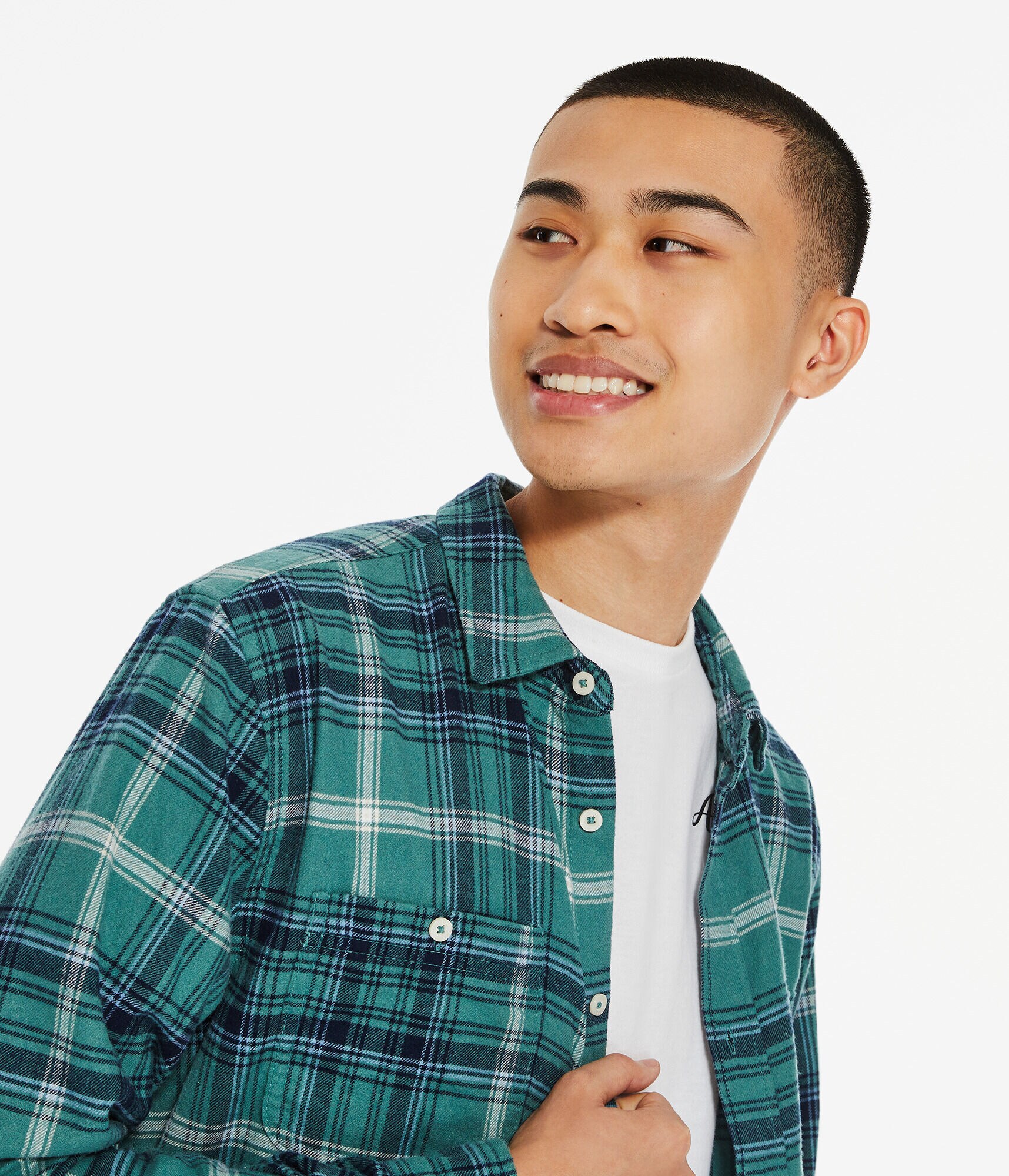 Long Sleeve Relaxed Washed Plaid Flannel Button-Down Shirt
