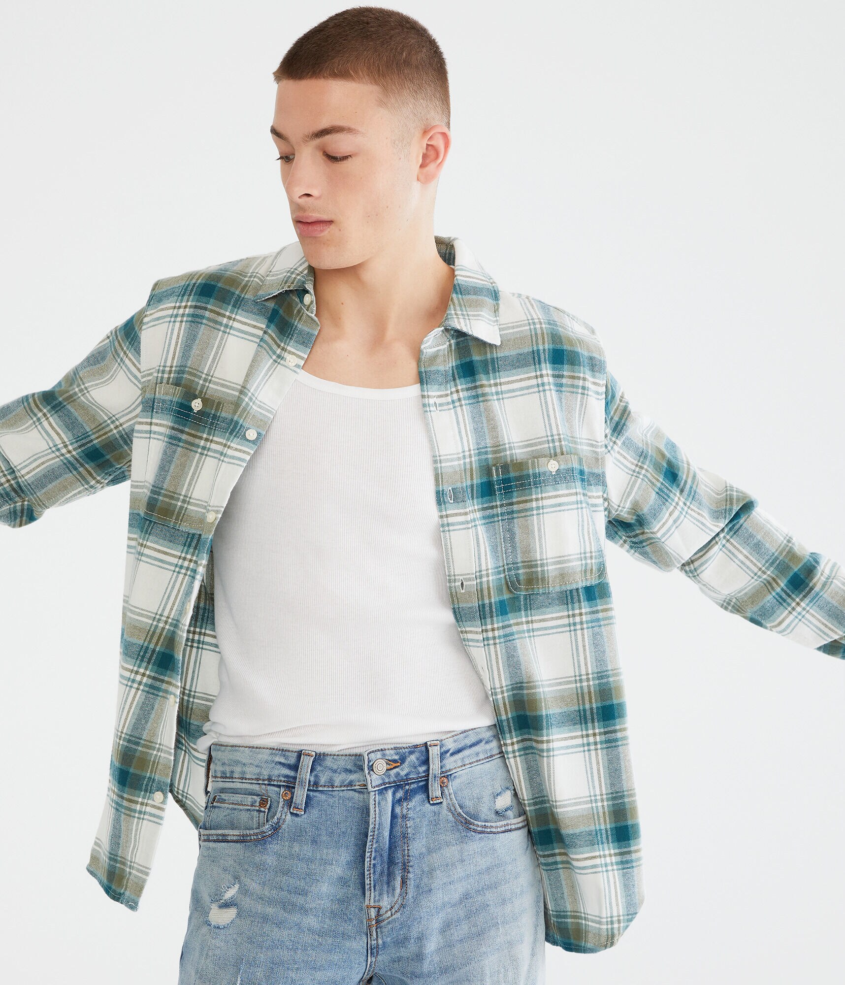 Long Sleeve Relaxed Washed Plaid Flannel Shirt