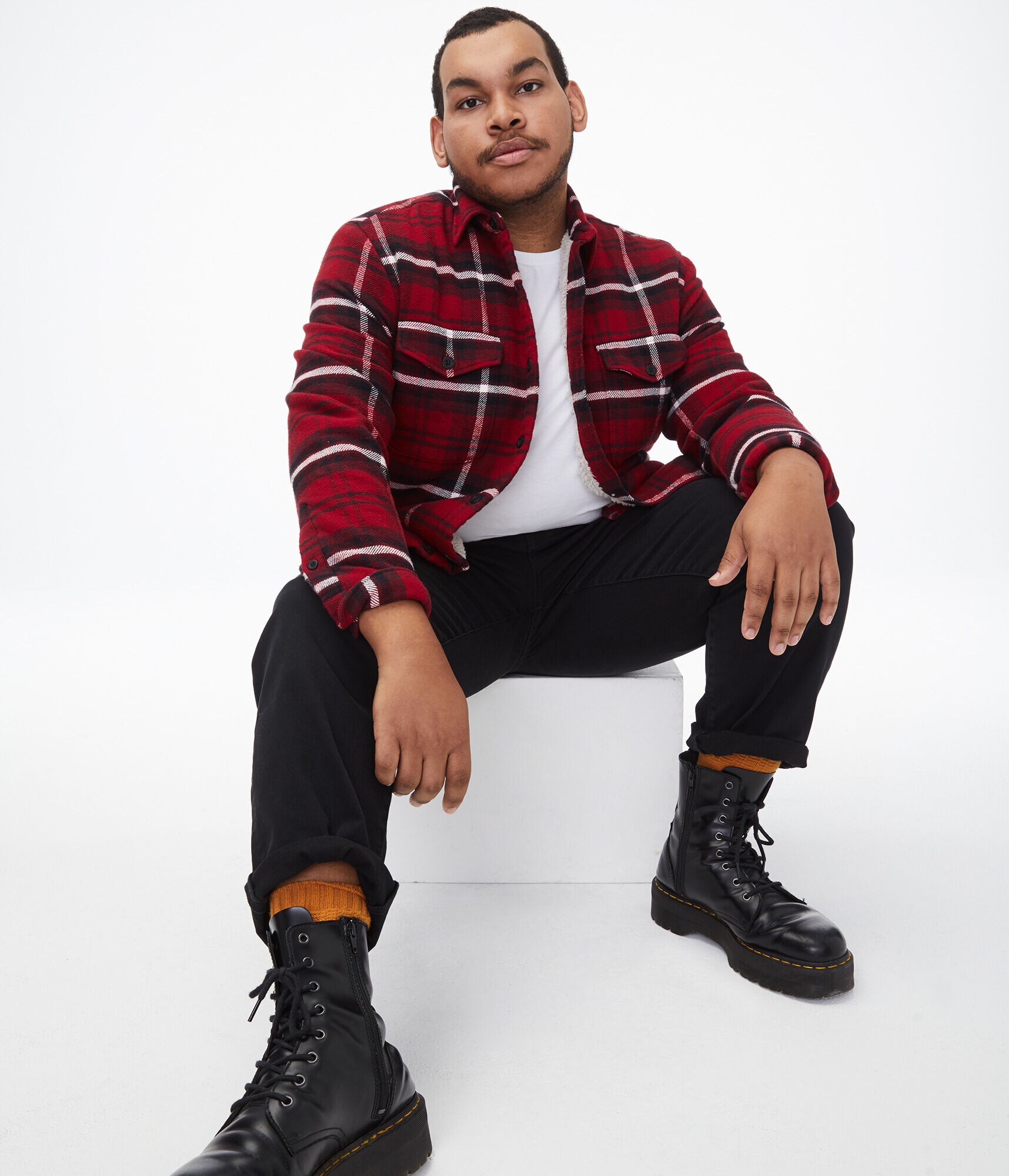 Long Sleeve Plaid Sherpa Button-Down Shirt