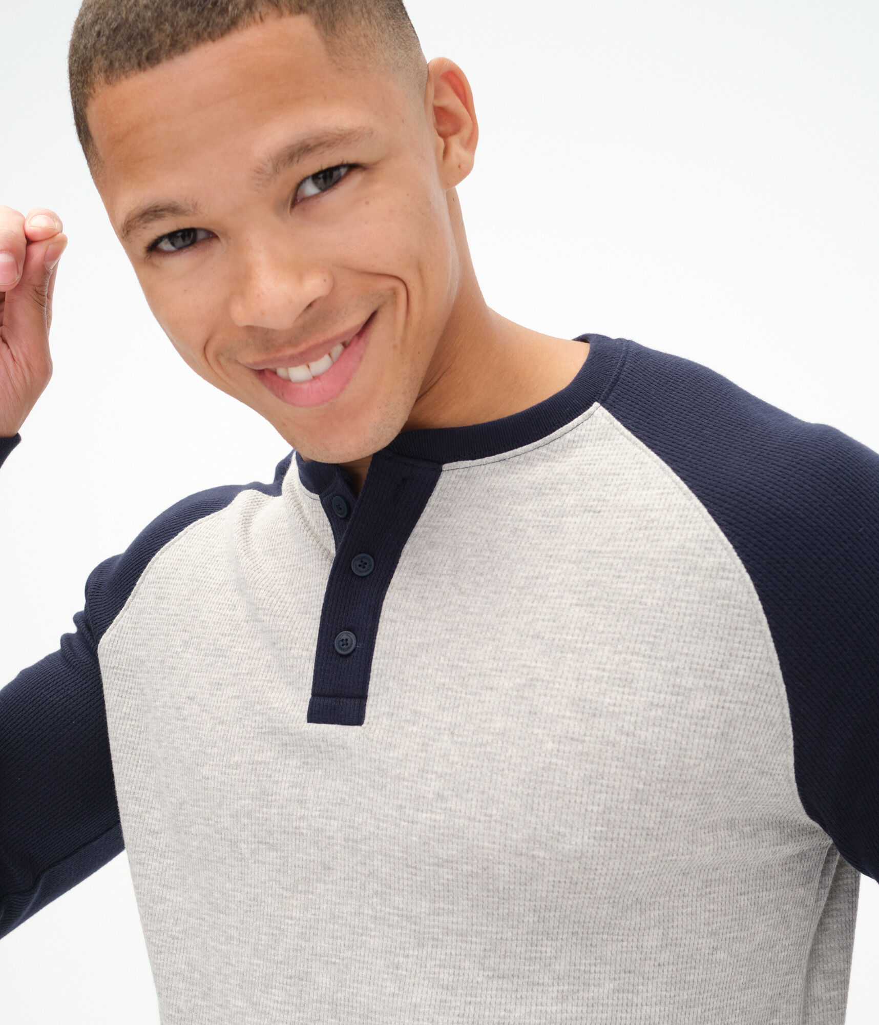 Long Sleeve Waffle-Knit Raglan Henley