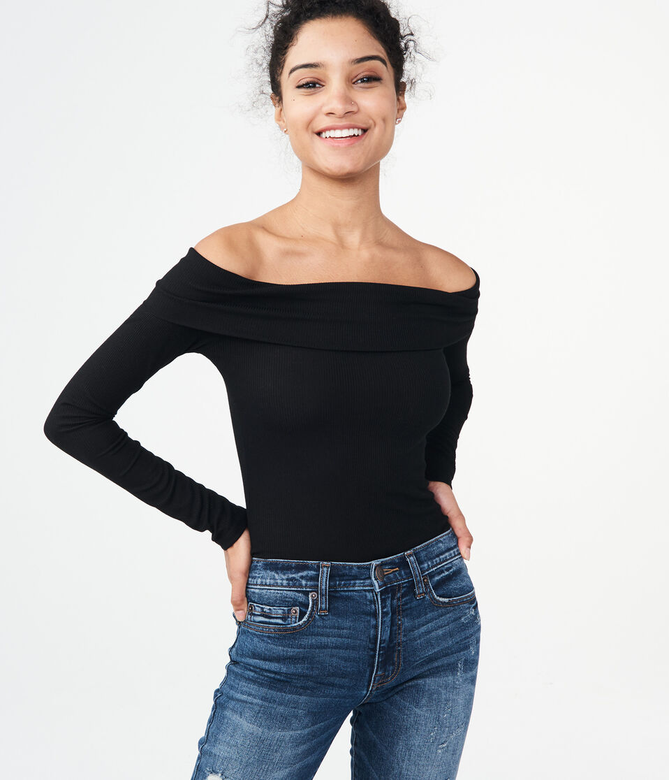 Long Sleeve Solid Folded Off-The-Shoulder Top***