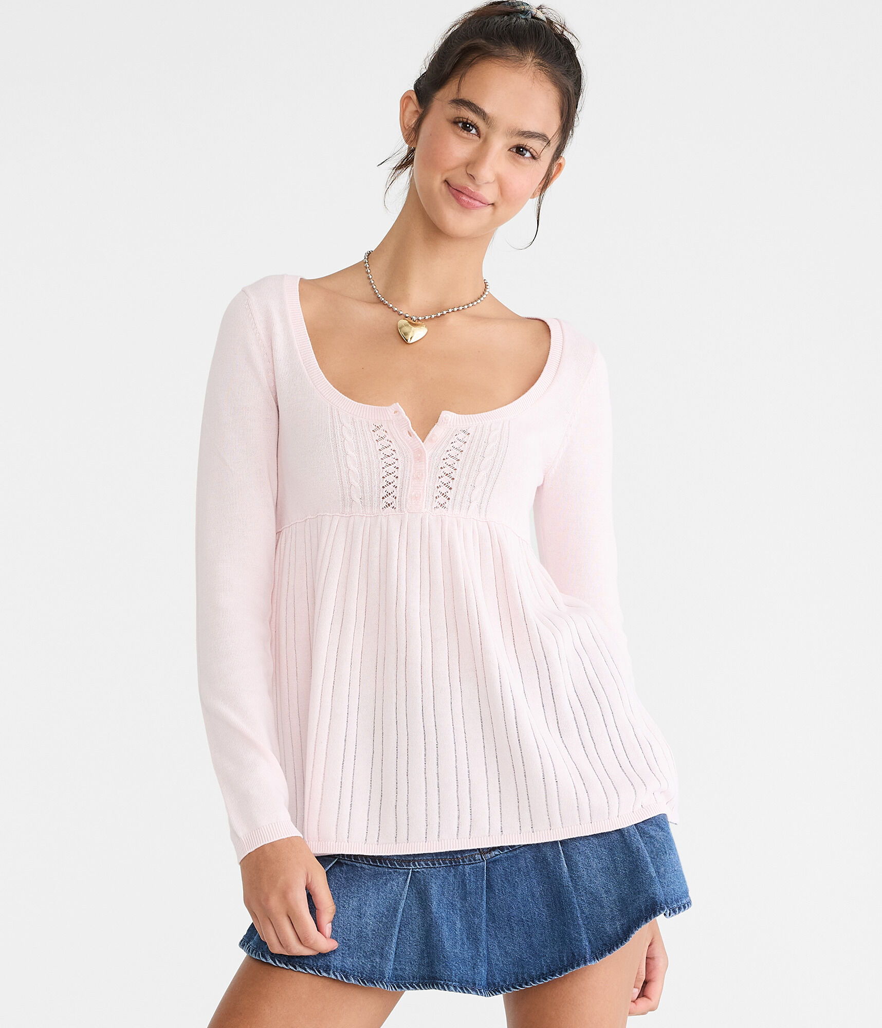 Cable Open-Stitch Square-Neck Babydoll Sweater